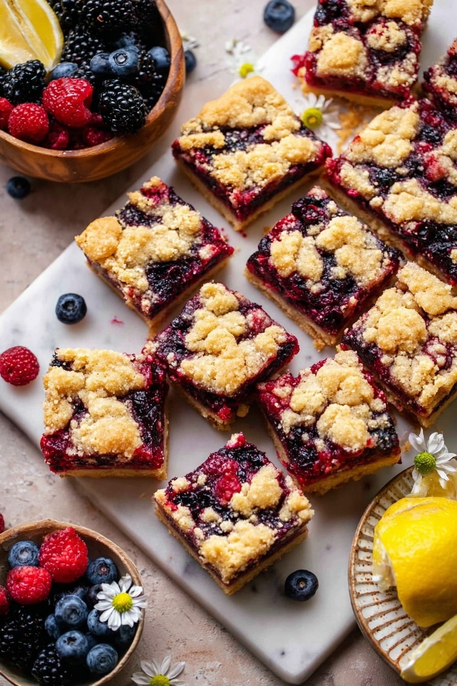 Two square berry crumble bars stacked on a white plate with a light brown rim, placed on a white marbled surface. Each bar has three layers: the bottom layer is a dense, light golden crust; the middle thick layer is filled with dark purple and red mixed berries that look juicy and soft; the top layer is a crumbly, golden tan streusel with small clumps and a tiny white daisy flower for decoration. In the background, there is a white plate filled with fresh blueberries and raspberries, and a slice of lemon. Photo taken with an iphone --ar 2:3 --v 7 - Triple Berry Crumble Bars, berry crumble bars, easy berry dessert, homemade fruit bars, handheld berry bars