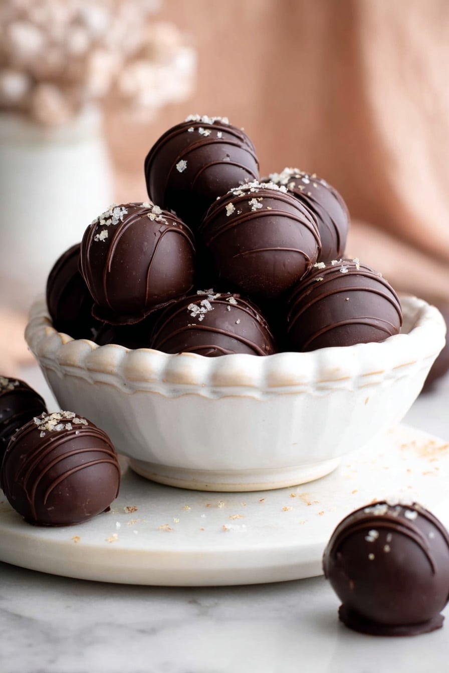A small white bowl filled with about a dozen round dark chocolate truffles, each decorated with thin lines of chocolate and light flakes of sea salt on top, sits on a white scalloped plate, all placed on a white marbled surface. Several truffles are scattered around the bowl on the surface, showing their smooth, shiny texture. The background is softly blurred with warm tones, giving the image a cozy and inviting feel. Photo taken with an iphone --ar 2:3 --v 7 - Chocolate Cake Truffles, chocolate cake truffles recipe, easy chocolate truffles, homemade chocolate truffles, decadent chocolate treats