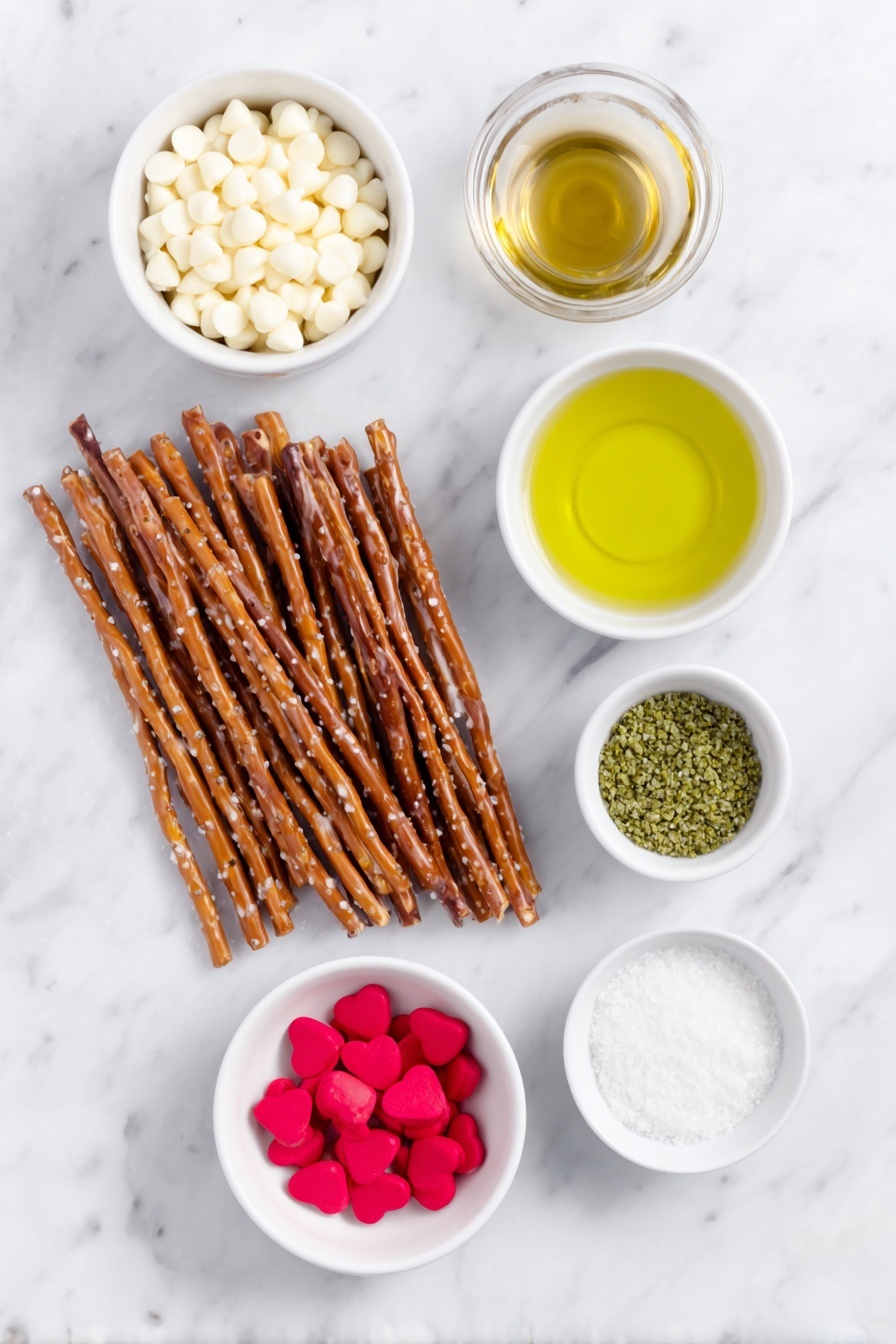 Flat lay of eight long, thin pretzel rods, eight soft unwrapped caramel chews shaped into elongated ropes, a small white bowl filled with smooth white chocolate chips, a small white bowl containing clear vegetable oil, a small white bowl of bright green sugar sprinkles, a small white bowl with vivid green food coloring drops, and eight vibrant red candy hearts, all arranged with perfect symmetry on a clean white marble surface, soft natural light, photo taken with an iPhone, professional food photography style, fresh ingredients, white ceramic bowls, no bottles, no duplicates, no utensils, no packaging --ar 2:3 --v 7 --p m7354615311229779997 - Grinch Caramel Pretzel Rods, festive holiday treats, Christmas dessert ideas, green chocolate pretzels, holiday party snacks