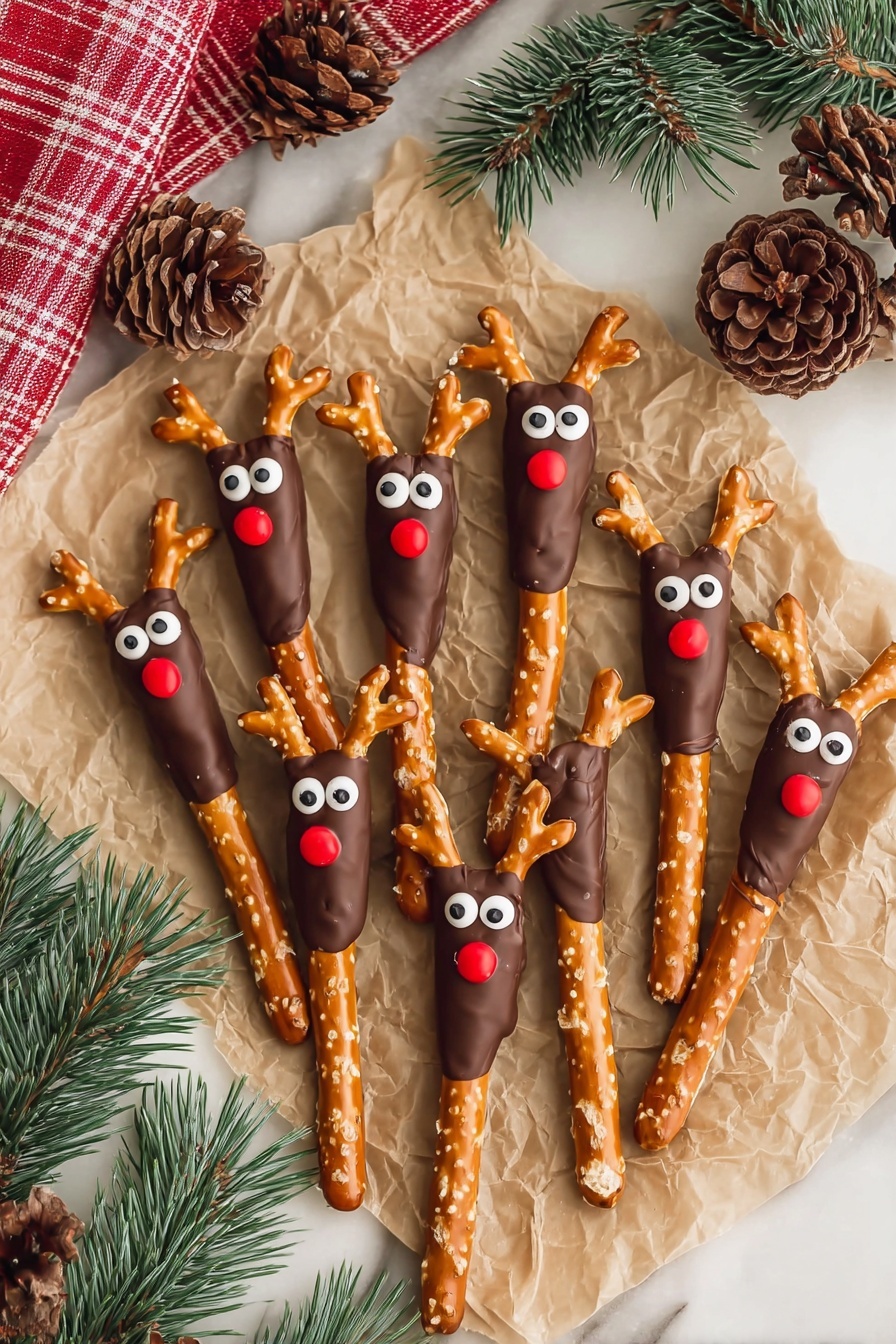 A group of ten reindeer-shaped snacks made with long pretzels partly dipped in smooth dark chocolate, covering the top two-thirds of each pretzel, leaving the bottom part plain and salty. Each pretzel has two small white candy eyes with black dots in the middle and a small round red candy nose placed near the chocolate top. Two small pretzel pieces are attached near the chocolate part on top, acting as antlers. The snacks are laid on crumpled brown parchment paper on a white marbled surface, surrounded by pine green needles and several brown pine cones. A red and white checkered fabric is partially visible in the upper left corner. Photo taken with an iphone --ar 2:3 --v 7 - Reindeer Pretzel Rods with Chocolate and Candy Eyes, Christmas Pretzel Snacks, Holiday Kids Party Treats, Festive Reindeer Snack Ideas, Easy Christmas Cookies and Snacks