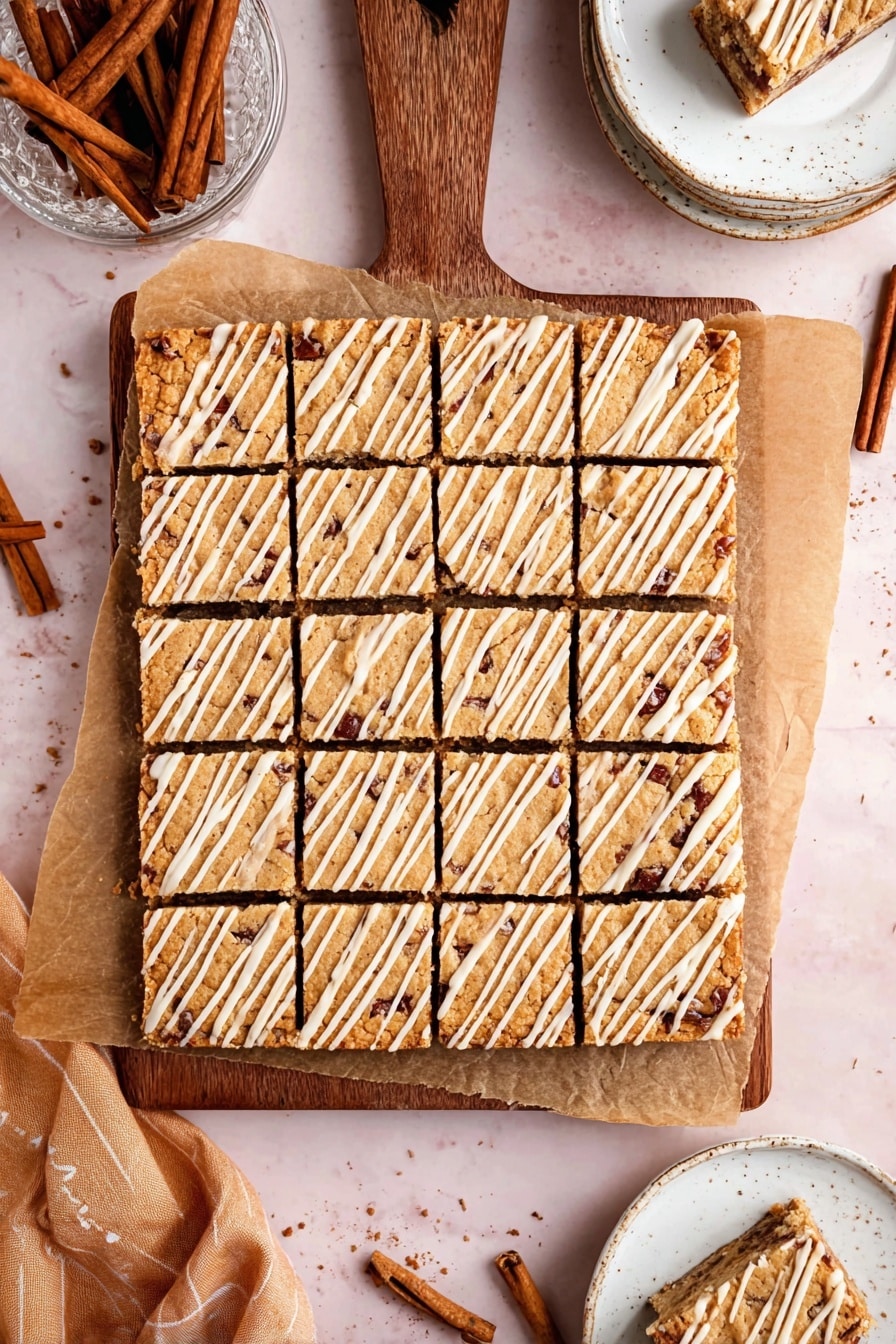 A stack of three square dessert bars sits on a wooden board over a white marbled surface. Each bar has three visible layers: a light sandy-colored bottom layer with a crumbly texture, a dark brown middle layer that looks like chocolate or cinnamon filling, and a light crumbly top layer with a slight drizzle of white icing. The bars are thick and dense, with crumbs scattered around the base. More bars and cinnamon sticks are blurred in the background, adding warmth and a cozy feel. Photo taken with an iphone --ar 2:3 --v 7 - Cinnamon Roll Shortbread Bars, cinnamon bar dessert recipe, buttery cinnamon shortbread bars, cinnamon pastry bars, quick cinnamon dessert