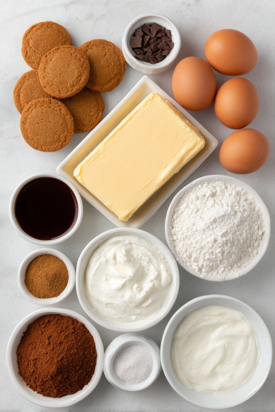 Flat lay of a small pile of round Biscoff cookies, a few loose dark brown sugar crystals in a small white ceramic bowl, a small white bowl of ground cinnamon powder, a small white bowl of fine salt, a square pat of melted golden salted butter in a white ceramic dish, a large block of smooth cream cheese, a small white bowl of thick dark molasses, a white ceramic bowl with vanilla bean paste, small white bowls each with ground ginger, ground nutmeg, and ground cloves powders, four whole uncracked brown eggs, a small white bowl of heavy cream, a small mound of all-purpose flour on a white plate, a small white bowl of malted milk powder, and a small white bowl of powdered sugar placed on a clean white marble surface, soft natural light, photo taken with an iPhone, professional food photography style, fresh ingredients, white ceramic bowls, no bottles, no duplicates, no utensils, no packaging --ar 2:3 --v 7 --p m7354615311229779997 - Gingerbread Cheesecake, Holiday Cheesecake Recipe, Spiced Cheesecake, Festive Cheesecake, Easy Gingerbread Dessert