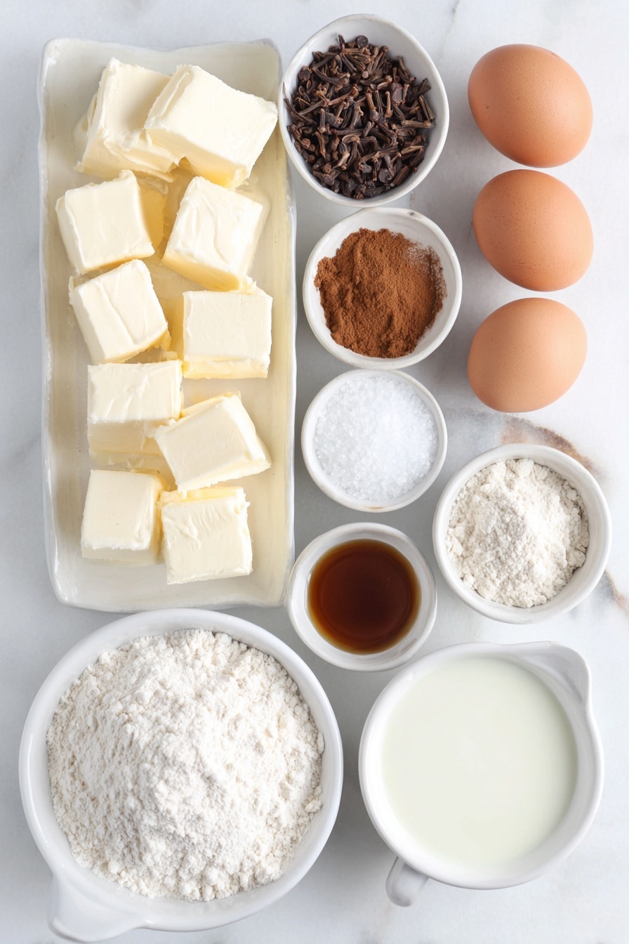 Flat lay of cold unsalted butter cut into cubes, loose chai tea leaves in a small white bowl, ground cinnamon in a small white bowl, ground cardamom in a small white bowl, fine salt crystals in a small white bowl, ground ginger in a small white bowl, ground clove in a small white bowl, ground allspice in a small white bowl, powdered sugar in a small white bowl, all-purpose flour in a small white bowl, whole uncracked brown eggs (two), heavy cream in a small white bowl, vanilla extract in a small white bowl placed on a clean white marble surface, soft natural light, photo taken with an iPhone, professional food photography style, fresh ingredients, white ceramic bowls, no bottles, no duplicates, no utensils, no packaging --ar 2:3 --v 7 --p m7354615311229779997 - Vanilla Chai Shortbread Cookies, chai spice shortbread, vanilla chai cookies, spiced shortbread recipes, cozy holiday cookies
