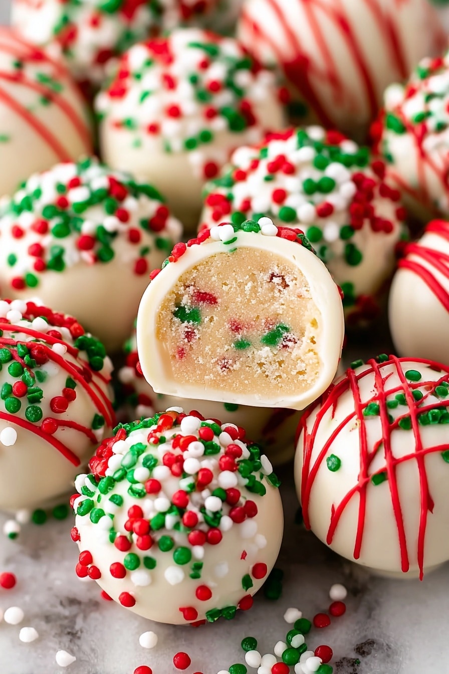 A red baking tray lined with light pink parchment paper holds two rows of round white cookies with red and green thin lines drizzled diagonally, and two rows of round white cookies covered with red and green small round sprinkles. The tray is placed on a white marbled surface. photo taken with an iphone --ar 2:3 --v 7 - Christmas Sugar Cookie Balls, festive holiday treats, easy Christmas desserts, no-bake holiday candies, holiday party snacks
