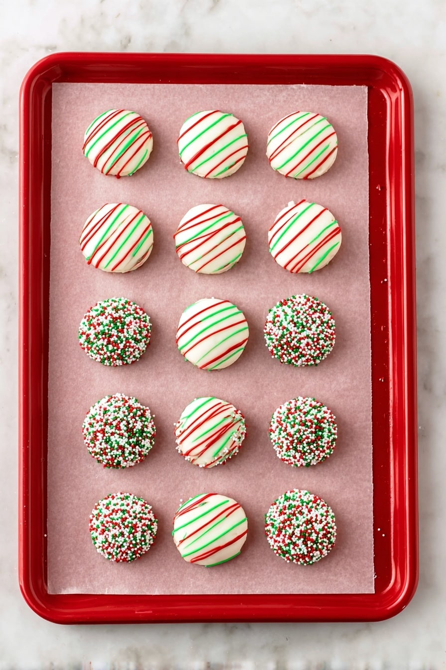 The image shows a close-up of round white chocolate balls arranged closely together on a white marbled surface. The balls have two types of decoration: one group is covered with tiny red, green, and white round sprinkles that give a grainy texture, and the other group is decorated with smooth red and green lines drizzled around them in neat stripes and swirls. The background is softly blurred, showing some green leaves and white round objects that add a festive feel, along with a blurred white item with dark eyes and an orange nose resembling a snowman face. photo taken with an iphone --ar 2:3 --v 7 - Christmas Sugar Cookie Balls, festive holiday treats, easy Christmas desserts, no-bake holiday candies, holiday party snacks