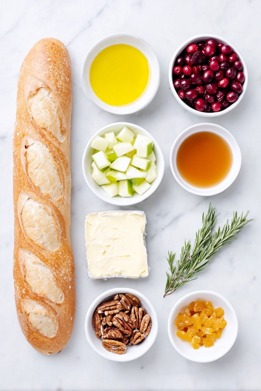 Flat lay of a whole fresh baguette, several slices cut diagonally, a wedge of creamy Brie cheese with visible rind, a small white bowl of golden olive oil, a small white bowl filled with fresh red cranberries, a small white bowl containing diced green apple, a small white bowl of golden raisins, a small white bowl with brown sugar crystals, a small white bowl of amber apple cider vinegar, a small white bowl of deep red cranberry juice cocktail, a small white bowl filled with chopped pecans, a small white bowl holding bright orange zest, a single fresh rosemary sprig, and a small white bowl of ground cinnamon powder, all arranged symmetrically with realistic proportions on a clean white marble surface, soft natural light, photo taken with an iPhone, professional food photography style, fresh ingredients, white ceramic bowls, no bottles, no duplicates, no utensils, no packaging --ar 2:3 --v 7 --p m7354615311229779997 - Cranberry Brie Crostini, cranberry brie appetizer, easy holiday appetizers, festive crostini ideas, sweet savory appetizers