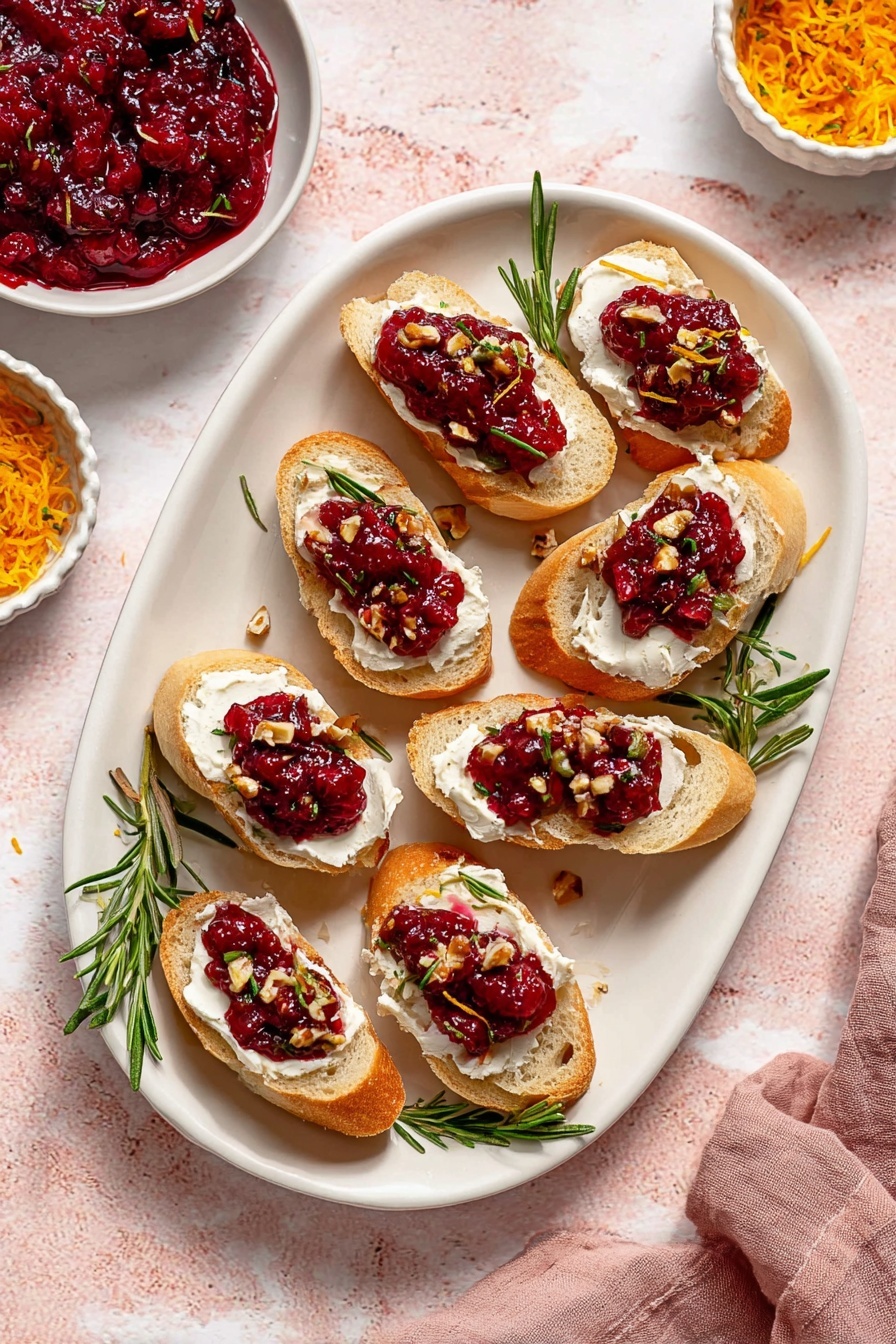 Small white bread slices are topped with three layers: a creamy white cheese base, bright red chunky cranberry sauce in the middle, and sprinkled yellow-orange zest with small chopped nuts and a green rosemary sprig on top. The bread slices sit on a white rectangular plate with grooves, placed on a white marbled surface. Pieces of rosemary and nut bits are scattered around the plate. A beige bowl filled with more red cranberry sauce is partly visible on the left side. Photo taken with an iphone --ar 2:3 --v 7 - Cranberry Brie Crostini, cranberry brie appetizer, easy holiday appetizers, festive crostini ideas, sweet savory appetizers