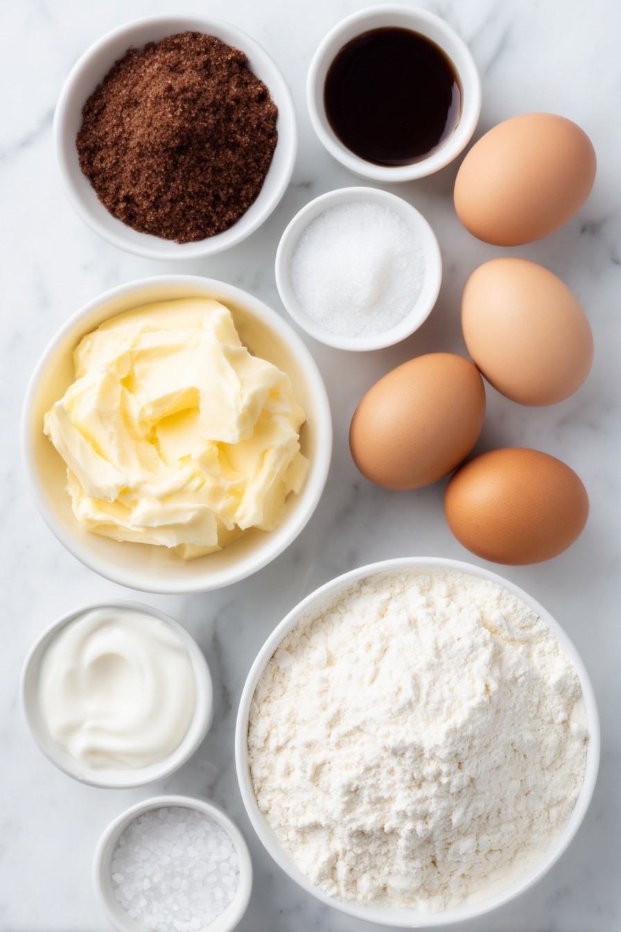 Flat lay of softened unsalted butter in a small white ceramic bowl, packed brown sugar in a separate small white bowl, a small white bowl filled with flour, a few whole uncracked brown eggs arranged nearby, a small white bowl with powdered sugar, another small white bowl containing cream, a small white bowl holding a clear vanilla extract liquid, and a small white bowl with sea salt crystals, all perfectly balanced and symmetrically arranged, placed on a clean white marble surface, soft natural light, photo taken with an iPhone, professional food photography style, fresh ingredients, white ceramic bowls, no bottles, no duplicates, no utensils, no packaging --ar 2:3 --v 7 --p m7354615311229779997 - Christmas Shortbread Cookies, holiday butter cookies, festive shortbread, easy Christmas cookies, melt-in-your-mouth holiday treats
