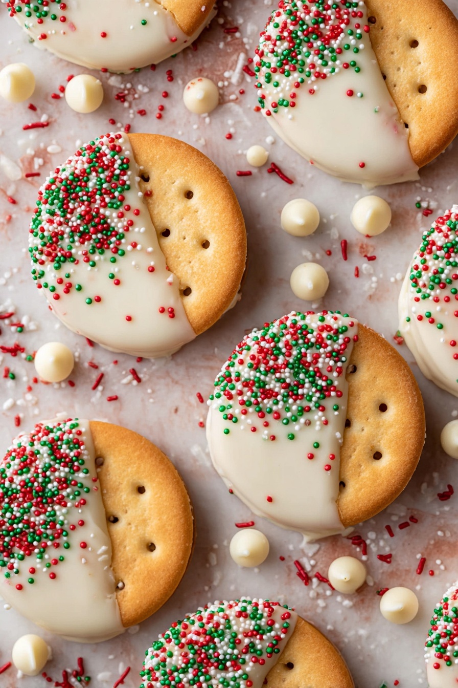 The image shows several round crackers that are sandwiched with a thin layer of dark chocolate in the middle, making two visible layers for each treat. The top cracker layer is half covered with smooth white icing, which has tiny red and green round sprinkles spread across the icing side. The crackers have a golden brown color with small holes and a slightly crispy texture. They are placed closely together on a surface with a white marbled texture, highlighting the festive look. Photo taken with an iphone --ar 2:3 --v 7 - White Chocolate Nutella Ritz Cookies, festive cookie recipes, quick holiday treats, easy Nutella cookies, salty-sweet cookie ideas