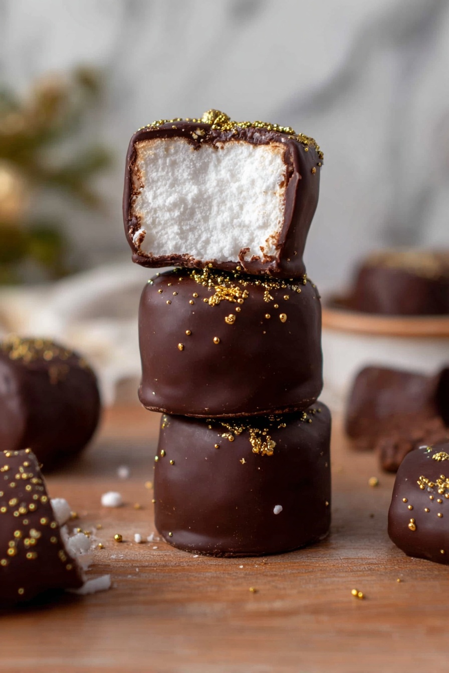 The image shows four small square chocolates, each covered in a smooth dark brown chocolate layer with a sprinkle of shiny golden sugar crystals on top. The chocolates are placed on a wooden checkered board with a light to medium tan color pattern. One chocolate is in clear focus near the center, showing a thick chocolate coating with a slight base layer of chocolate beneath it. Nearby, there is a white bowl filled with more of the golden sugar crystals, and part of a white bowl filled with white coconut flakes is visible on the right side. The overall setting has a warm, cozy feel with soft lighting. photo taken with an iphone --ar 2:3 --v 7 - Chocolate Dipped Marshmallows, marshmallow chocolate dip, easy marshmallow treats, homemade chocolate marshmallows, fun holiday desserts