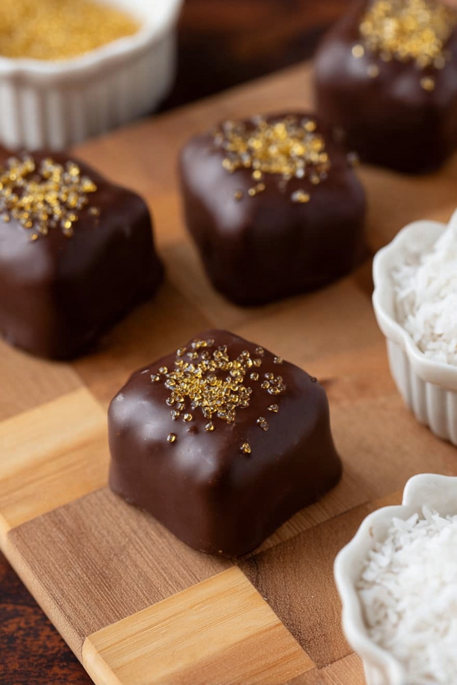 This image shows five square marshmallows covered in smooth dark brown chocolate, stacked with four whole ones placed vertically in the background and one in the front with a square shape cut to reveal a thick white, fluffy inside. The marshmallow in front is topped with small golden sprinkles scattered on its flat chocolate surface. The chocolate coating is glossy and evenly spread, while the marshmallow texture inside looks soft and airy with a slightly crumbly edge. The scene is set on a white marbled surface with soft blurred neutral tones in the background, creating a clean, simple look. Photo taken with an iphone --ar 2:3 --v 7 - Chocolate Dipped Marshmallows, marshmallow chocolate dip, easy marshmallow treats, homemade chocolate marshmallows, fun holiday desserts