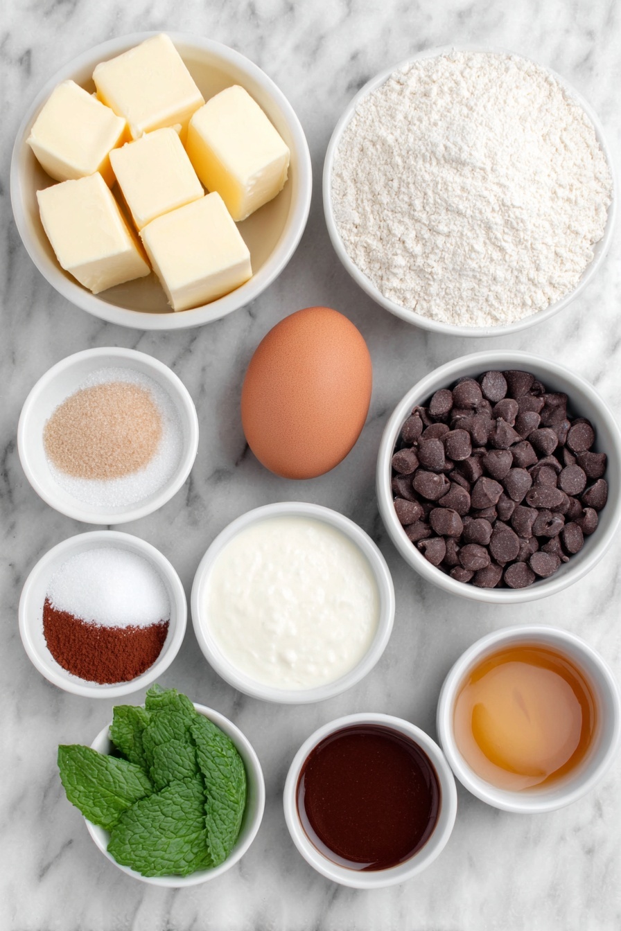 Flat lay of a small pile of soft, golden yellow butter cubes, a small white ceramic bowl filled with packed light brown sugar, another small white bowl with fine white granulated sugar, one large whole brown egg with a clean shell, a small white bowl of clear golden vanilla extract, a neat mound of off-white all-purpose flour, a small white bowl of dark reddish-brown Dutch processed cocoa powder, a small cluster of fine white granulated salt, a small heap of light brown baking soda powder, a handful of glossy semi-sweet chocolate chips, a small white bowl of smooth cream cheese block, a small white bowl of fine white powdered sugar, a small white bowl of liquid heavy cream, a small white bowl of dark melted semi-sweet chocolate ganache, and a small white bowl with a few fresh mint leaves arranged neatly -- all placed on a clean white marble surface, soft natural light, photo taken with an iPhone, professional food photography style, fresh ingredients, white ceramic bowls, no bottles, no duplicates, no utensils, no packaging --ar 2:3 --v 7 --p m7354615311229779997 - Mint Brownie Cookies with Chocolate Ganache, mint brownie cookies, chocolate mint cookies, ganache-filled cookies, mint dessert recipes