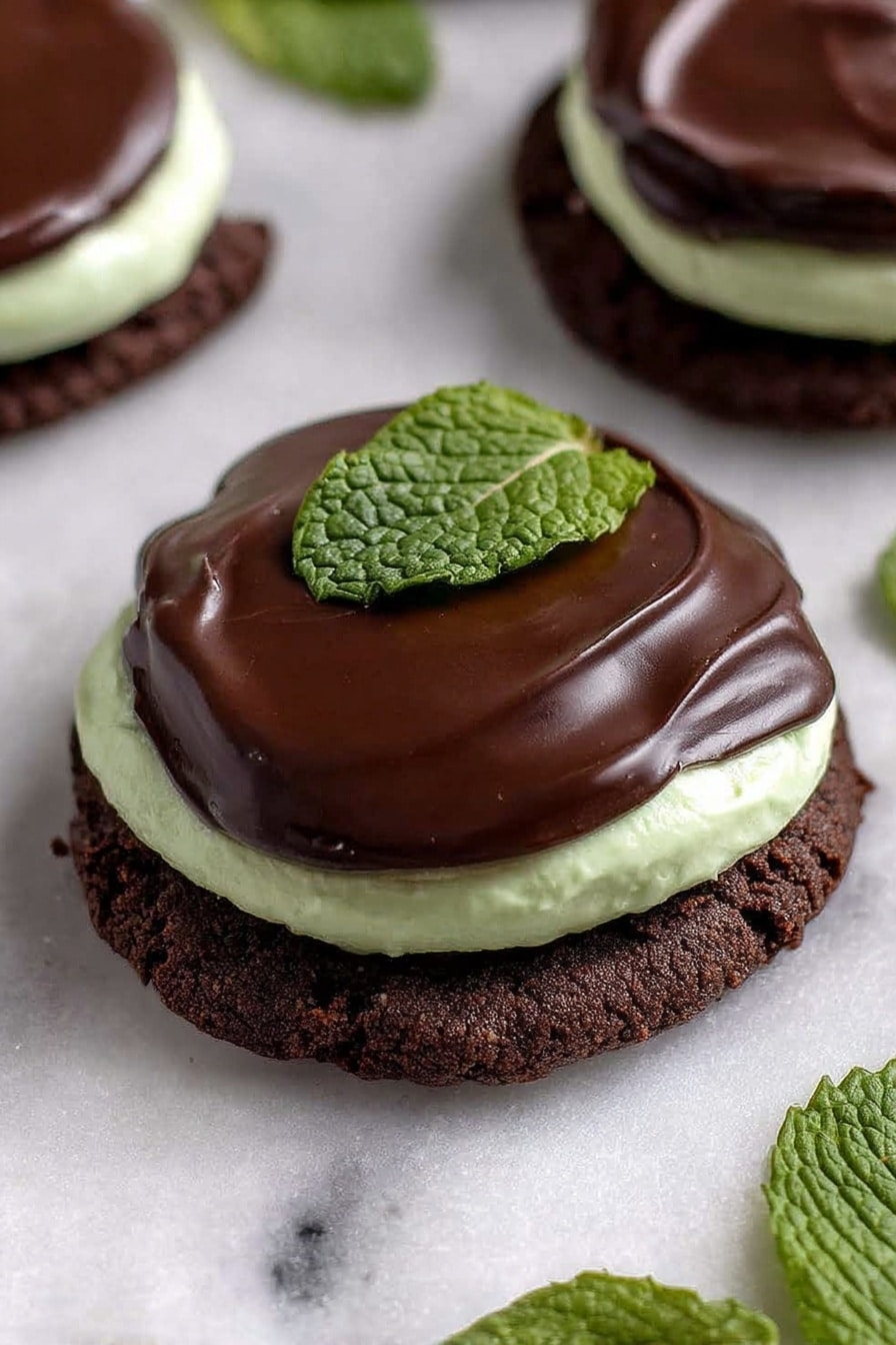 The image shows a close-up of a chocolate cookie with three layers on a white marbled surface. The bottom layer is a thick, dark brown, soft chocolate cookie. On top of this is a smooth, light green cream layer, which looks soft and fluffy. The top layer is a thick, glossy dark chocolate glaze that covers the cream partially and drips slightly down the sides. The front cookie has a bite taken out, revealing the green cream and chocolate layers inside. In the background, two similar cookies are slightly blurred, and a small green leaf can be seen on the right side. photo taken with an iphone --ar 2:3 --v 7 - Mint Brownie Cookies with Chocolate Ganache, mint brownie cookies, chocolate mint cookies, ganache-filled cookies, mint dessert recipes