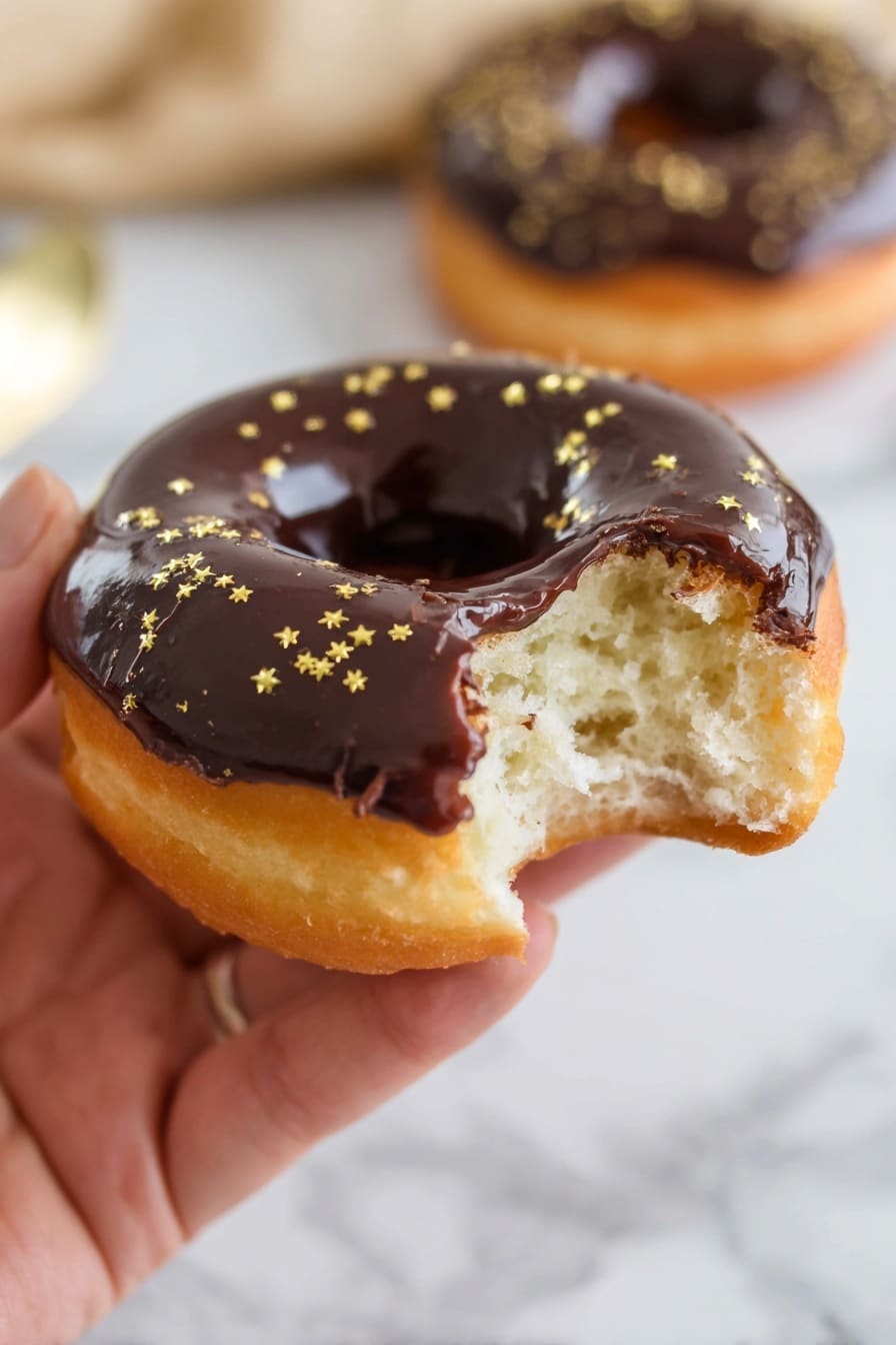 There are five round donuts with light golden-brown bases topped with a thick, smooth dark chocolate glaze that covers the top surface evenly. Small golden star-shaped sprinkles are scattered on the chocolate layer and some on the white parchment paper underneath. The donuts are placed closely together on the paper, with their soft and slightly puffy texture visible on the base. The background has a white marbled texture with a hint of a blue-striped cloth in the upper right corner. photo taken with an iphone --ar 2:3 --v 7 - Air Fryer Biscuit Donuts Chocolate Ganache, easy air fryer donut recipe, quick homemade donut ideas, healthy air fryer desserts, chocolate glaze donut treats