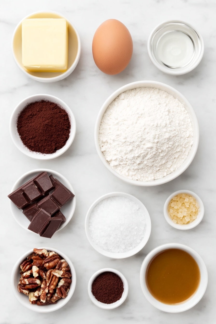 Flat lay of a small mound of pale yellow butter, a small heap of brown sugar crystals, a smaller heap of white granulated sugar, one whole large brown egg with a clean shell, a small white bowl filled with clear vanilla extract, a neat pile of white all-purpose flour, a small pile of dark brown Dutch processed cocoa powder, a pinch of fine white salt, a small heap of light tan baking soda powder, a small white bowl containing finely chopped glossy pecans, a small white bowl holding smooth golden caramel sauce, a small white bowl with melted semi-sweet chocolate chips glistening, all ingredients arranged in perfect symmetry and natural proportions on simple white ceramic bowls, placed on a clean white marble surface, soft natural light, photo taken with an iPhone, professional food photography style, fresh ingredients, white ceramic bowls, no bottles, no duplicates, no utensils, no packaging --ar 2:3 --v 7 --p m7354615311229779997 - Chilled Turtle Cookies, Caramel and Pecans Cookies, Decadent Chocolate Cookie Recipe, Easy Homemade Cookies, Best Turtle Cookie Recipe
