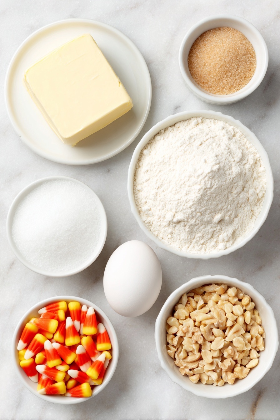 Flat lay of a small block of pale golden butter, a small mound of packed light brown sugar, a small pile of white granulated sugar, a single whole egg with a clean shell, a small white bowl of clear vanilla extract, a small heap of white all-purpose flour, a small white bowl of fine white cornstarch, a small white bowl of pale beige baking soda powder, a small white bowl of fine white salt crystals, a small pile of roasted chopped peanuts with golden brown skin, a small pile of vibrant orange, yellow, and white candy corn candies, all arranged symmetrically on a simple white ceramic plates and bowls placed on a clean white marble surface, soft natural light, photo taken with an iPhone, professional food photography style, fresh ingredients, white ceramic bowls, no bottles, no duplicates, no utensils, no packaging --ar 2:3 --v 7 --p m7354615311229779997 - Candy Corn Cookies with Peanuts, festive Halloween cookies, sweet and salty cookies, buttery candy corn cookies, easy fall treat