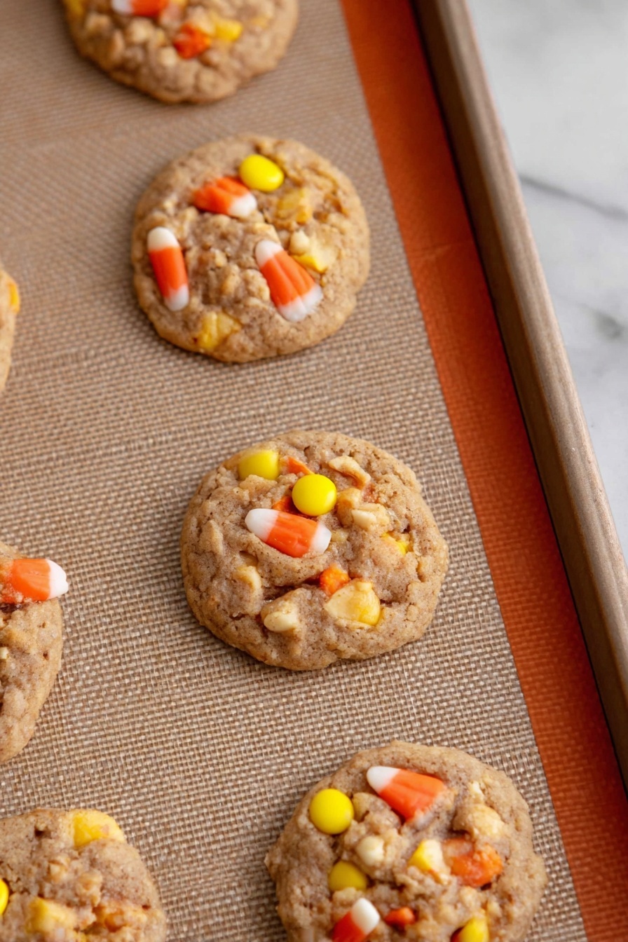 The image shows small round cookies on a baking tray lined with a light brown textured silicone mat. Each cookie has a rough surface with visible chunks of nuts and pieces of candy corn partially melted into the dough. The cookies are soft brown with a slightly golden tint around the edges. The candy corn pieces are bright yellow, orange, and white, adding small drops of color scattered unevenly on the cookie tops. The tray edges and the mat provide a warm contrast, while the background is a white marbled texture. Photo taken with an iphone --ar 2:3 --v 7 - Candy Corn Cookies with Peanuts, festive Halloween cookies, sweet and salty cookies, buttery candy corn cookies, easy fall treat