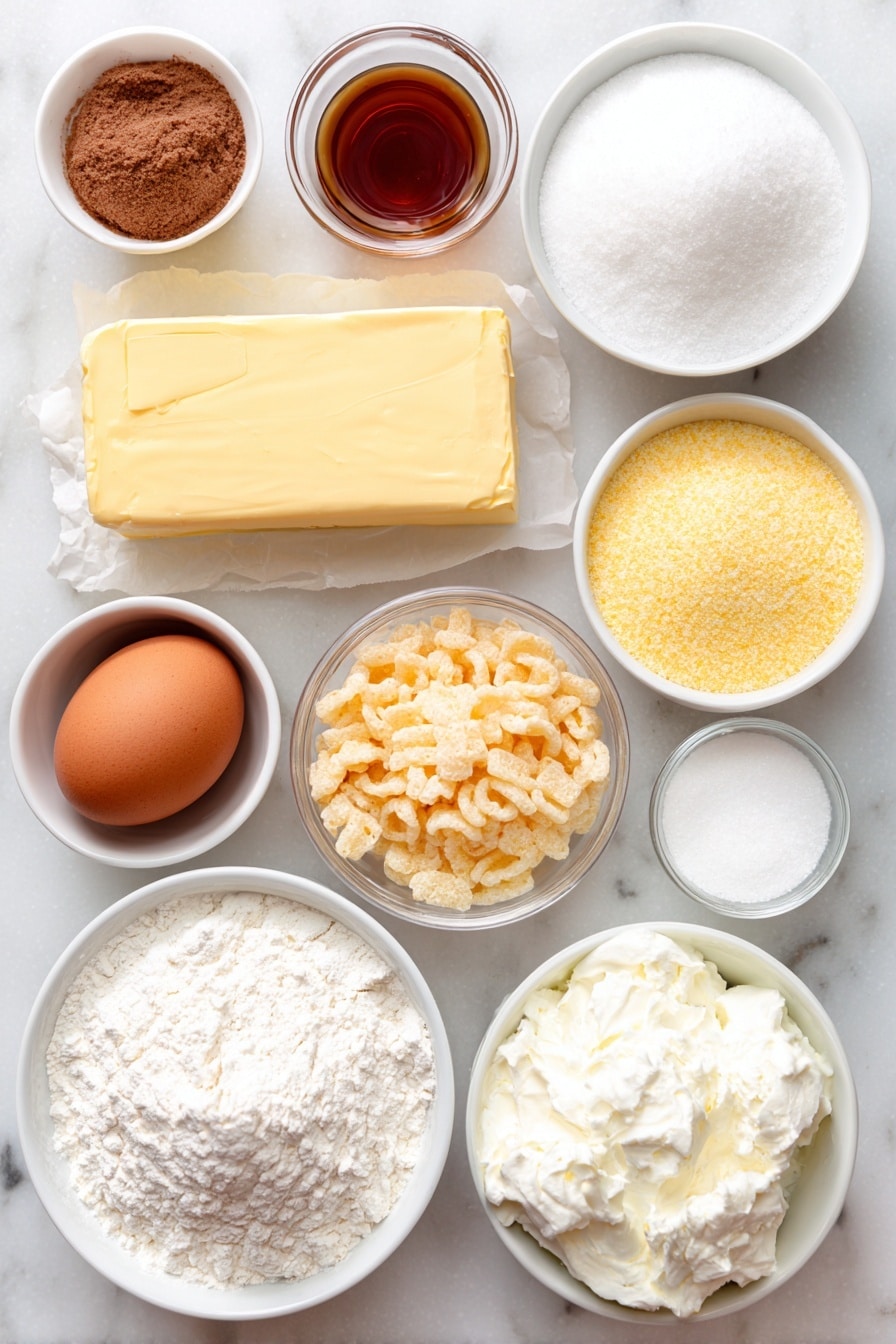 Flat lay of a stick of softened butter, a small white bowl of brown sugar, a small white bowl of granulated sugar, one whole uncracked brown egg, a small white bowl of vanilla flavoring, a small white bowl of butter flavoring, a small white bowl of all-purpose flour, a small white bowl of baking soda, a small white bowl of baking powder, a small white bowl of cornmeal, a small white bowl of crushed Captain Crunch corn cereal, a small white bowl of salt, a small white bowl of softened butter for honey buttercream, a small white bowl of powdered sugar, a small white bowl of cream cheese, a small white bowl of milk or half and half, placed on a clean white marble surface, soft natural light, photo taken with an iPhone, professional food photography style, fresh ingredients, white ceramic bowls, no bottles, no duplicates, no utensils, no packaging --ar 2:3 --v 7 --p m7354615311229779997 - Berry Crunch Cookie Delight, crunchy berry cookies with honey glaze, easy fruit cookie recipes, chewy fruit dessert ideas, homemade cereal cookies