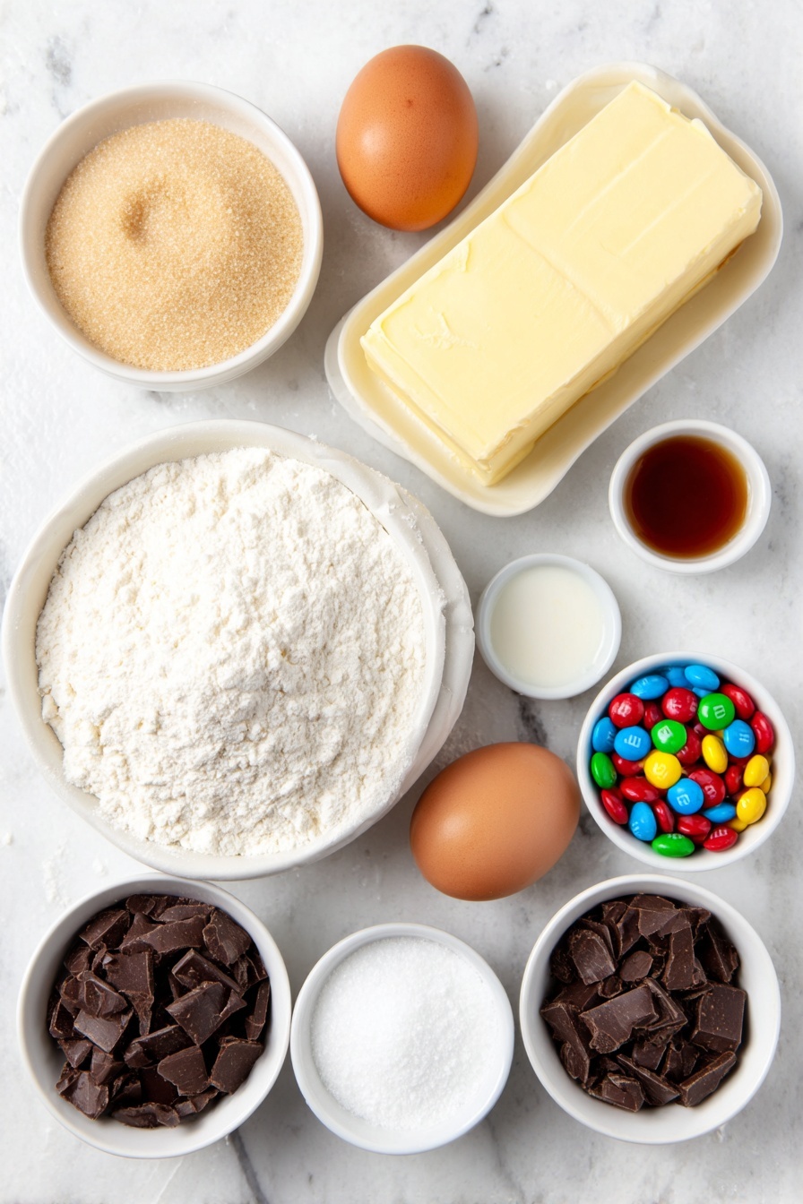 Flat lay of one stick of golden salted butter at room temperature, a small white ceramic bowl filled with light brown sugar, two whole brown eggs and one separate egg yolk in a small white bowl, a small white bowl of vanilla extract, a small white bowl with all-purpose flour, a small white bowl with fine kosher salt, a small white bowl with baking soda, a small white bowl holding colorful holiday M&M’s, a small white bowl with mini crushed pretzel sticks, a small white bowl filled with semi-sweet chocolate chips, a small white bowl with dark chocolate chunks, a small white bowl containing granulated sugar, and a small white bowl with ground cinnamon, all arranged symmetrically and balanced on a clean white marble surface, soft natural light, photo taken with an iPhone, professional food photography style, fresh ingredients, white ceramic bowls, no bottles, no duplicates, no utensils, no packaging --ar 2:3 --v 7 --p m7354615311229779997 - Chewy Christmas Snickerdoodle Cookies, festive holiday cookies, easy snickerdoodle recipe, chocolate and pretzel cookies, holiday baking treats