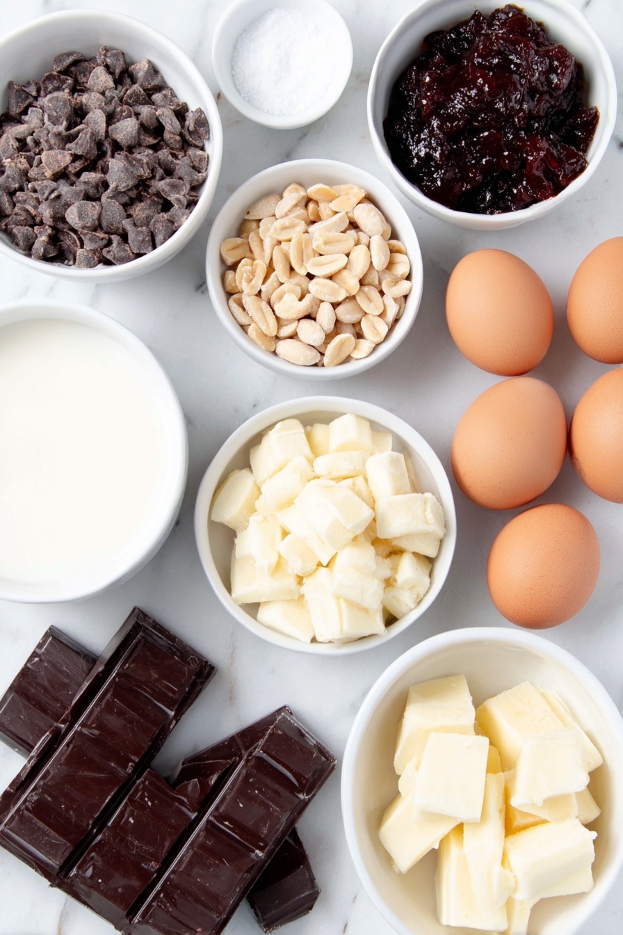 Flat lay of a small pile of chopped semi-sweet chocolate chunks, a small pile of chopped milk chocolate pieces, a few squares of smooth dark chocolate, a small mound of roasted salted peanuts, a small white ceramic bowl containing rich peanut butter chips, a separate small white ceramic bowl filled with glossy sweetened condensed milk, a small white ceramic bowl with golden Kahlua liqueur, a whole vanilla bean pod lying next to a tiny white bowl of clear vanilla extract, a small white ceramic bowl with coarse sea salt crystals, and three whole, uncracked brown eggs arranged symmetrically, all placed on a clean white marble surface, soft natural light, photo taken with an iPhone, professional food photography style, fresh ingredients, white ceramic bowls, no bottles, no duplicates, no utensils, no packaging --ar 2:3 --v 7 --p m7354615311229779997 - Kahlua Chocolate Peanut Butter Fudge, coffee-infused chocolate fudge, homemade peanut butter fudge, easy alcohol-infused dessert, rich boozy fudge