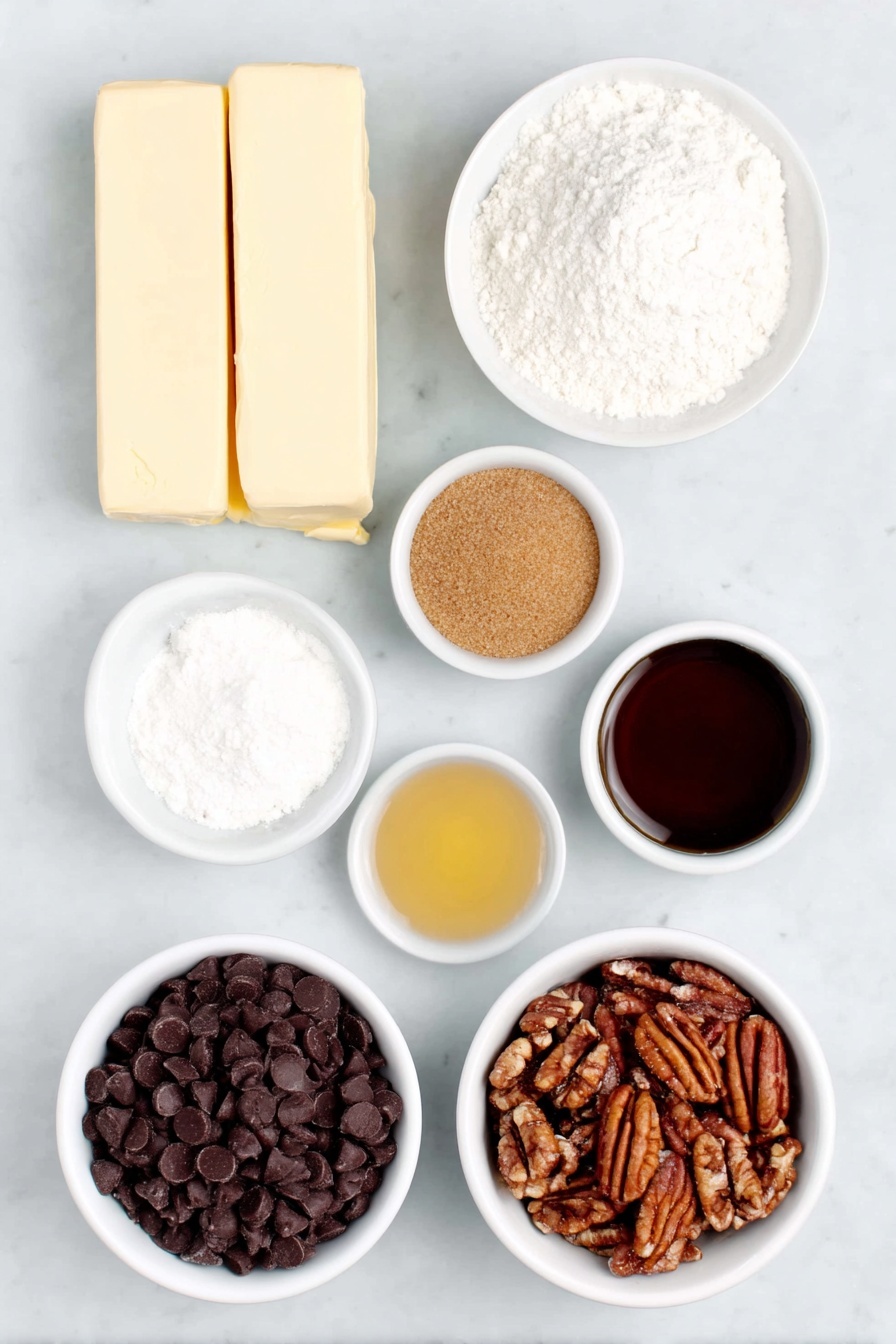 Flat lay of two sticks of pale yellow butter, a small white ceramic bowl of white granulated sugar, a small white ceramic bowl of dark golden brown sugar, a small white ceramic bowl of coarse salt crystals, a small white ceramic bowl of amber vanilla extract, a mound of fine white flour, a small white ceramic bowl of clear water, a small white ceramic bowl filled with chopped pecans showing their textured brown shells and creamy insides, a small white ceramic bowl brimming with glossy semi-sweet chocolate chips, all arranged symmetrically with balanced spacing on a clean white marble surface, soft natural light, photo taken with an iPhone, professional food photography style, fresh ingredients, white ceramic bowls, no bottles, no duplicates, no utensils, no packaging --ar 2:3 --v 7 --p m7354615311229779997 - Chocolate Pecan Cookies, chocolate pecan cookie recipe, easy chocolate cookies with pecans, nutty chocolate chip cookies, buttery pecan cookies