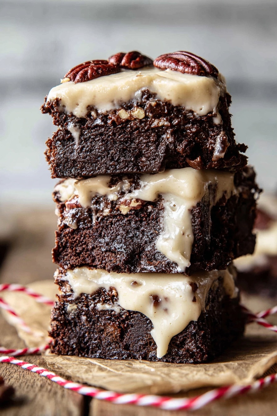 The image shows a close-up of a two-layer dessert placed on a white marbled surface. The bottom layer is a thick, dark brown chocolate base with a moist and slightly shiny texture, where melted chocolate drips out in a few spots. The top layer is a light cream-colored frosting with a rough, fluffy texture, spread evenly over the chocolate base. On top of the frosting, there are whole toasted pecans placed in a line, adding a rich brown color and a crunchy texture to the dessert. Photo taken with an iphone --ar 2:3 --v 7 - Butter Pecan Fudge Brownies, decadent chocolate brownies with pecans, easy brownie recipes with pecan frosting, rich nutty dessert ideas, fudgy brownie dessert