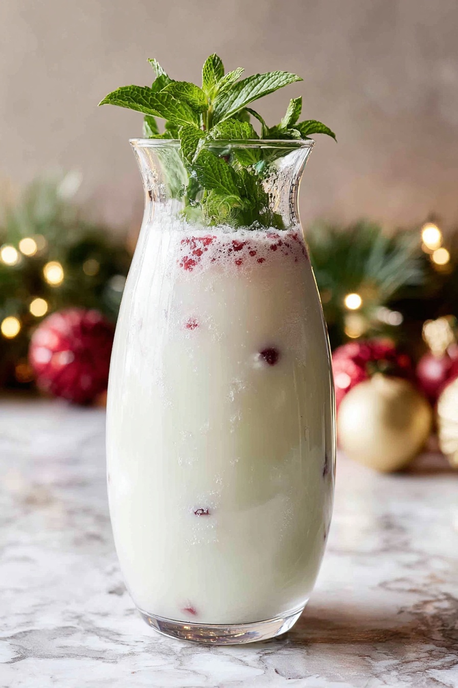 A tall clear glass pitcher filled with a white frothy drink that has a smooth and creamy texture, with small red berry-like bits floating mainly near the bottom and a few near the top. Inside the pitcher, on top of the drink, there are fresh green mint leaves standing upright. The pitcher is placed on a surface with a white marbled texture, and in the background, there are blurred Christmas decorations and greenery. The lighting gives the drink a fresh and inviting look. photo taken with an iphone --ar 2:3 --v 7 - White Christmas Mojito with Coconut and Pomegranate, festive coconut mojito, holiday cocktail recipes, tropical holiday drinks, pomegranate mojito