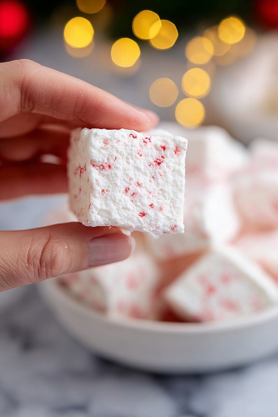 The image shows a clear glass mug filled with light brown hot chocolate. On top, there are three large white marshmallows with red swirled lines and crushed red candy pieces sprinkled over them. The marshmallows float on a thin layer of frothy milk or cream that slightly mixes with the hot chocolate below. The mug sits on a white marbled surface scattered with some crushed red candy pieces. In the background, there are red and white striped candy canes and small red and gold Christmas ornaments that add a festive touch. Photo taken with an iphone --ar 2:3 --v 7 - Homemade Peppermint Marshmallows, peppermint marshmallows, DIY peppermint marshmallows, fluffy peppermint candies, festive homemade marshmallows