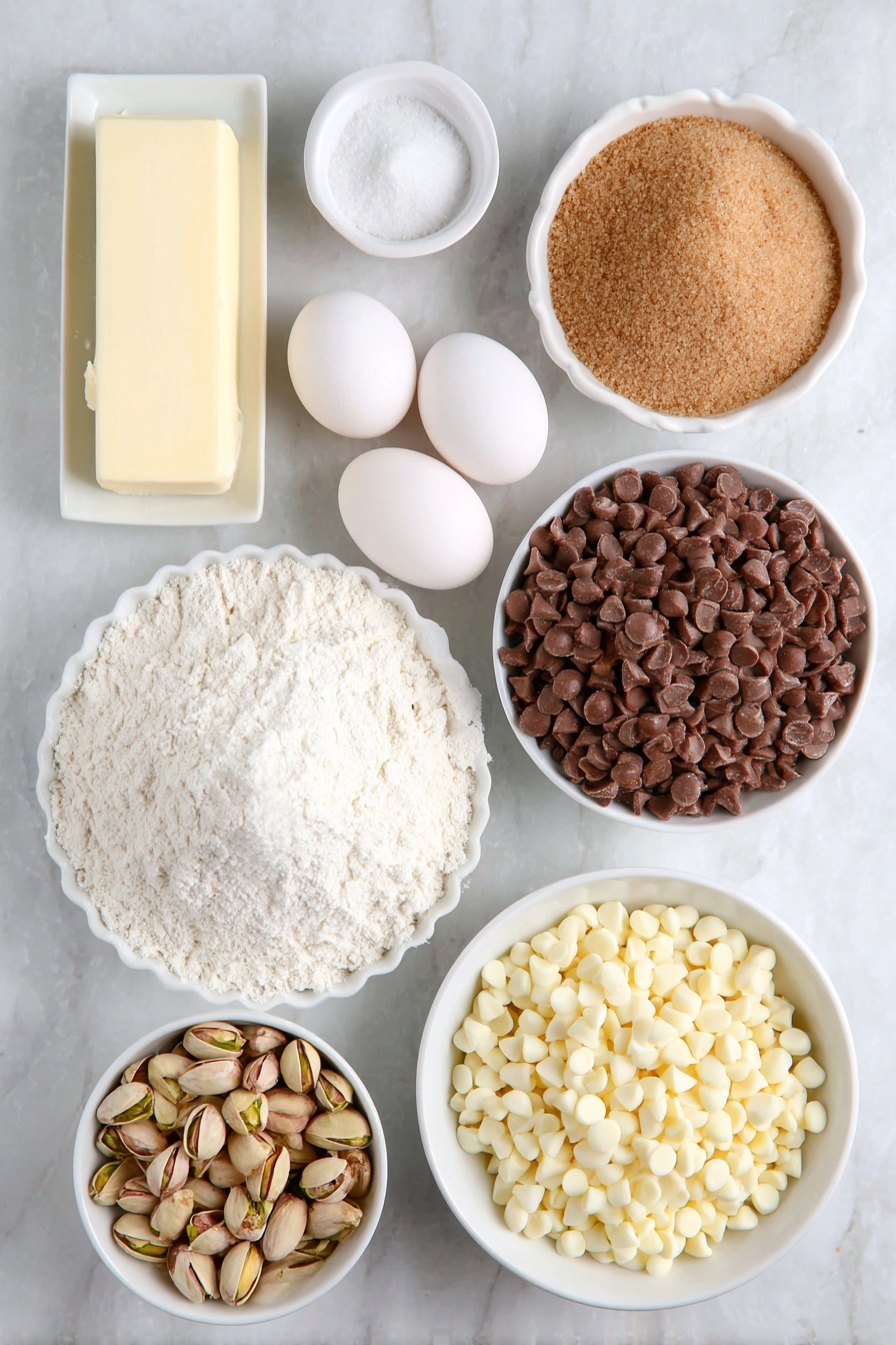 Flat lay of a small mound of all-purpose flour, a teaspoon of fine sea salt in a tiny white bowl, a teaspoon of baking soda in another small white bowl, a stick of unsalted butter slightly softened, a loosely packed mound of light brown sugar, a small pile of granulated sugar, a small white bowl filled with instant pistachio pudding mix powder, two whole clean eggs with uncracked shells, a small white bowl with pure vanilla extract, a small white bowl overflowing with white chocolate chips, and a small white bowl containing roughly chopped shelled roasted salted pistachios, all arranged with perfect symmetry on a clean white marble surface, soft natural light, photo taken with an iPhone, professional food photography style, fresh ingredients, white ceramic bowls, no bottles, no duplicates, no utensils, no packaging --ar 2:3 --v 7 --p m7354615311229779997 - White Chocolate Pistachio Cookies, White Chocolate Pistachio Cookies Recipe, Pistachio Cookies with White Chocolate, Easy White Chocolate Pistachio Cookies, Best Pistachio Cookies with White Chocolate