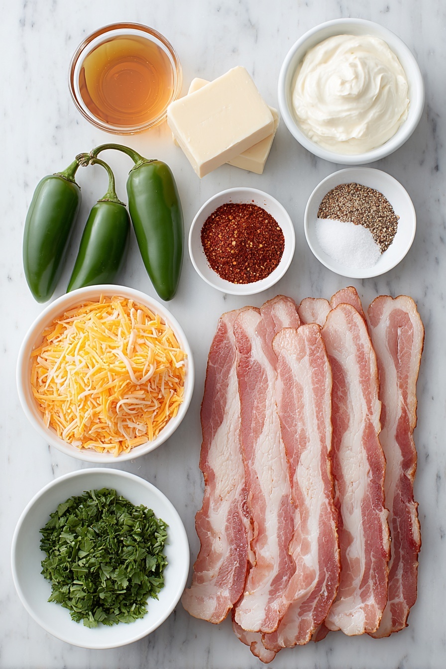 Flat lay of six large fresh green jalapeños, a small white ceramic bowl of creamy white cream cheese, a small white ceramic bowl filled with bright orange shredded sharp cheddar cheese, a small white ceramic bowl of golden honey, a small white ceramic bowl of mixed red paprika powder and red pepper flakes, a small white ceramic bowl of light beige garlic powder, a small white ceramic bowl of pale beige onion powder, a small white ceramic bowl with coarse kosher salt crystals, a small white ceramic bowl with black peppercorns, a neat stack of twelve uncooked strips of raw pinkish-white sliced bacon, a small white ceramic bowl with light green chopped parsley, a small white ceramic bowl with pale yellow avocado oil, all arranged symmetrically in balanced proportions, placed on a clean white marble surface, soft natural light, photo taken with an iPhone, professional food photography style, fresh ingredients, white ceramic bowls, no bottles, no duplicates, no utensils, no packaging --ar 2:3 --v 7 --p m7354615311229779997 - Air Fryer Bacon Wrapped Jalapeno Poppers, Bacon Jalapeno Poppers, Spicy Jalapeno Appetizers, Easy Air Fryer Snacks, Cheesy Jalapeno Bites