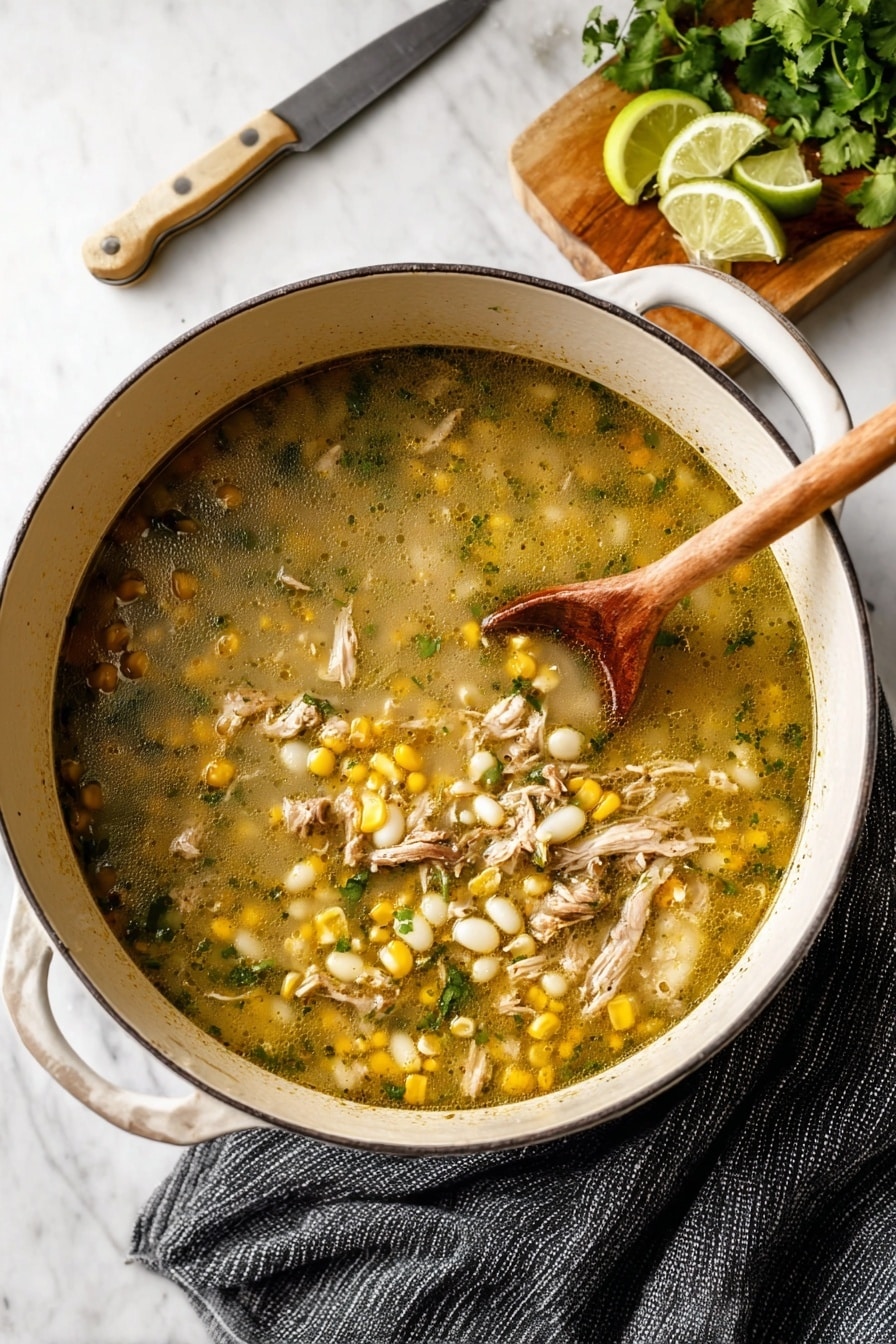 A white bowl filled with a soup that has a light green broth, shredded chicken, corn, and large white corn kernels at the bottom. On top, there is a layer of shredded light green cabbage, a dollop of white sour cream with black pepper and chopped green herbs, thin slices of green avocado arranged in a fan shape, and a wedge of lime with some green herb leaves. A silver spoon is placed inside the bowl. The bowl sits on a white marbled surface with a matching white plate underneath. Photo taken with an iphone --ar 2:3 --v 7 - Green Chile Chicken Pozole Soup, Mexican pozole soup, homemade green chile soup, comforting chicken soup, easy Mexican soup recipes
