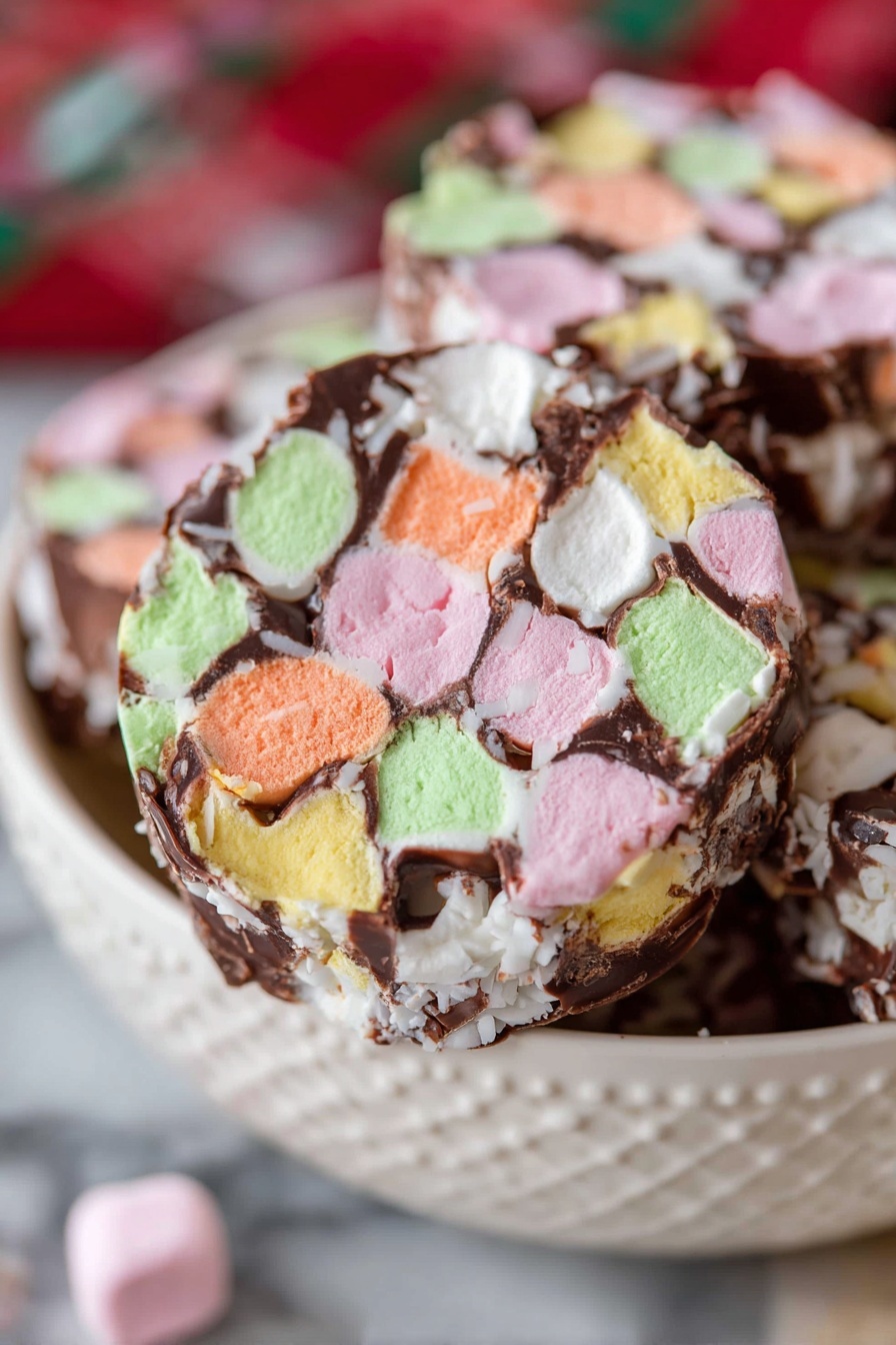 A close-up view shows a round slice of rocky road dessert on a white bowl with a textured pattern. The dessert has multiple small, colorful marshmallow chunks in pastel shades of pink, green, yellow, and orange, all held together by a dark chocolate layer, with some white coconut shreds around the edges. The bowl sits on a white marbled surface with a blurred festive cloth pattern partially visible in the background. Photo taken with an iphone --ar 2:3 --v 7 - Church Window Cookies, colorful no-bake cookies, holiday dessert recipes, marshmallow and chocolate treats, easy party cookies