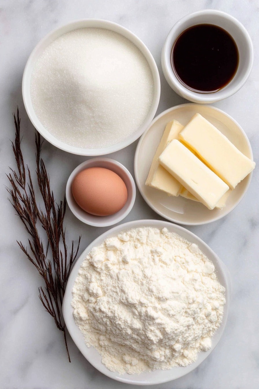 Flat lay of a small mound of all-purpose flour, a small white bowl of cornstarch powder, a small white bowl of baking soda powder, a small white bowl of salt crystals, two sticks of unsalted butter with a creamy texture, a small white bowl filled with granulated sugar, one whole uncracked brown egg, a small white bowl of clear vanilla extract liquid, a small white bowl with a faintly colored almond extract liquid, a small white bowl of bright red sanding sugar, a small white bowl of bright green sanding sugar placed symmetrically in a balanced layout, all arranged on simple white ceramic bowls and dishes, placed on a clean white marble surface, soft natural light, photo taken with an iPhone, professional food photography style, fresh ingredients, white ceramic bowls, no bottles, no duplicates, no utensils, no packaging --ar 2:3 --v 7 --p m7354615311229779997 - Christmas Sugar Cookies, Christmas cookies recipe, holiday sugar cookies, festive Christmas cookies, soft sugar cookies for Christmas