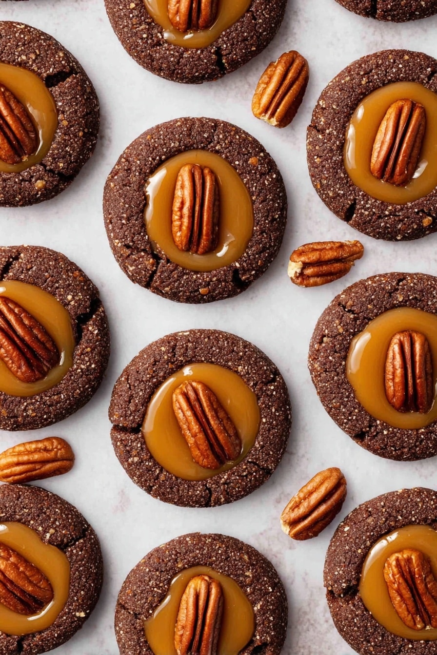 The image shows round dark brown cookies covered in sugar, each topped with a smooth caramel-colored circle in the center and one whole pecan nut placed on top. The cookies are scattered on a white marbled surface with extra pecans spread around them. The cookies have a rough texture from the sugar and a soft shiny look on the caramel part. photo taken with an iphone --ar 2:3 --v 7 - Chocolate Caramel Turtle Cookies, chocolate caramel pecan cookies, gooey caramel cookie recipes, easy turtle cookie recipe, decadent chocolate caramel treats
