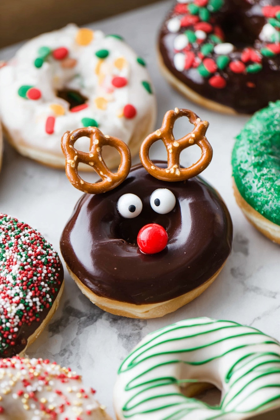 A rectangular box holds twelve donuts with different Christmas-themed decorations, arranged in three rows of four. The top row has a white and green swirled donut with a red bow made of icing, a white frosted donut covered with red, green, and white sprinkles, and a dark chocolate frosted donut with green and red drizzle and small red, green, and white sprinkles. The second row has a dark chocolate donut with red, white, and green sprinkles, a dark chocolate donut decorated like a reindeer with white eyes, a red candy nose, and two small pretzels as antlers, and a white frosted donut decorated with green icing lines and small colorful round candies like Christmas lights. The third row has a green frosted donut striped with white and red icing, a white frosted donut with green icing lines and colorful round candies, a dark chocolate frosted donut topped with red, white, and green sprinkles, and a white frosted donut decorated with red and green plaid lines. The donuts sit inside a light brown cardboard box on a white marbled surface photo taken with an iphone --ar 2:3 --v 7 - Festive Christmas Donuts with Colorful Glazes, Christmas holiday donuts, easy holiday donut recipe, baked Christmas donuts, colorful holiday treats