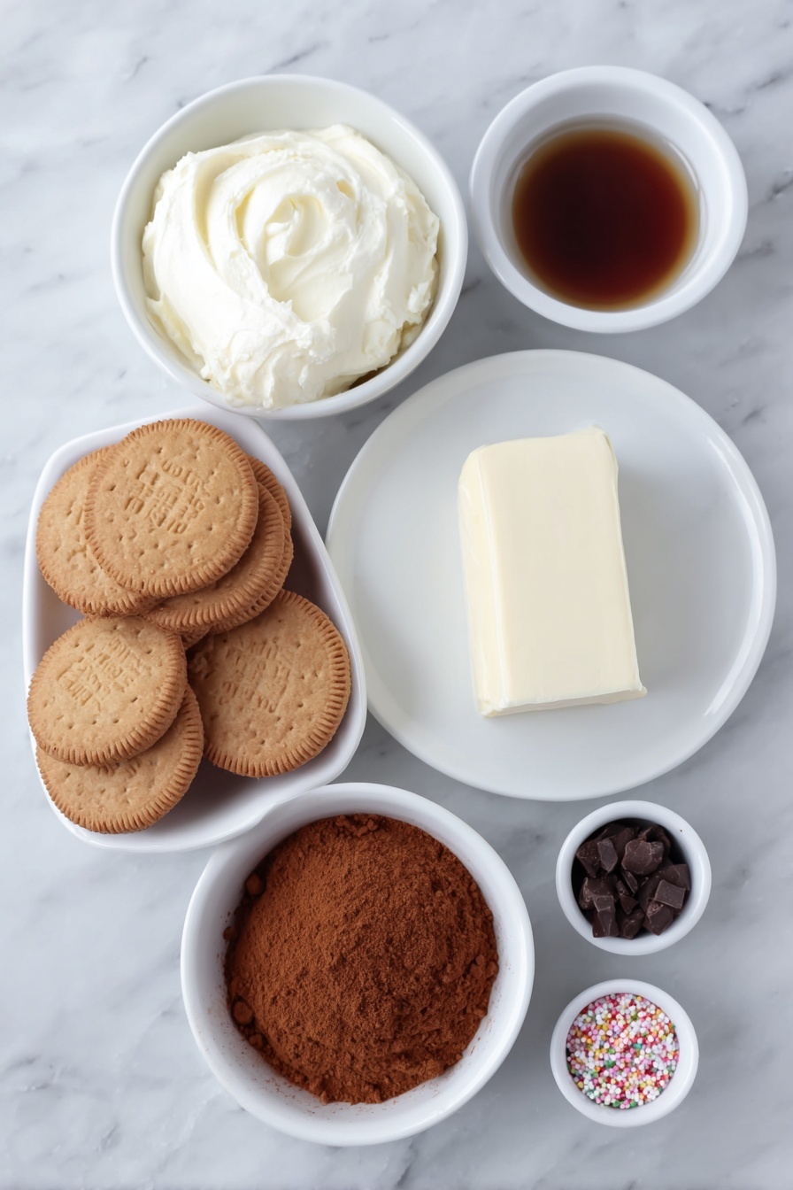 Flat lay of a small wedge of creamy soft cream cheese, a neat pile of golden sandwich cookies with a creamy center visible, a small white bowl filled with warm brown ground cinnamon powder, a small white bowl holding clear vanilla extract, a smooth block of vanilla almond bark, and a small white bowl of colorful sprinkles, all arranged symmetrically on simple white ceramic dishes and plates, placed on a clean white marble surface, soft natural light, photo taken with an iPhone, professional food photography style, fresh ingredients, white ceramic bowls, no bottles, no duplicates, no utensils, no packaging --ar 2:3 --v 7 --p m7354615311229779997 - Snickerdoodle Cookie Dough Truffles, Cinnamon Cookie Dough Truffles, No-Bake Cookie Truffles, Cinnamon Dessert Bites, Easy Cookie Dough Truffles