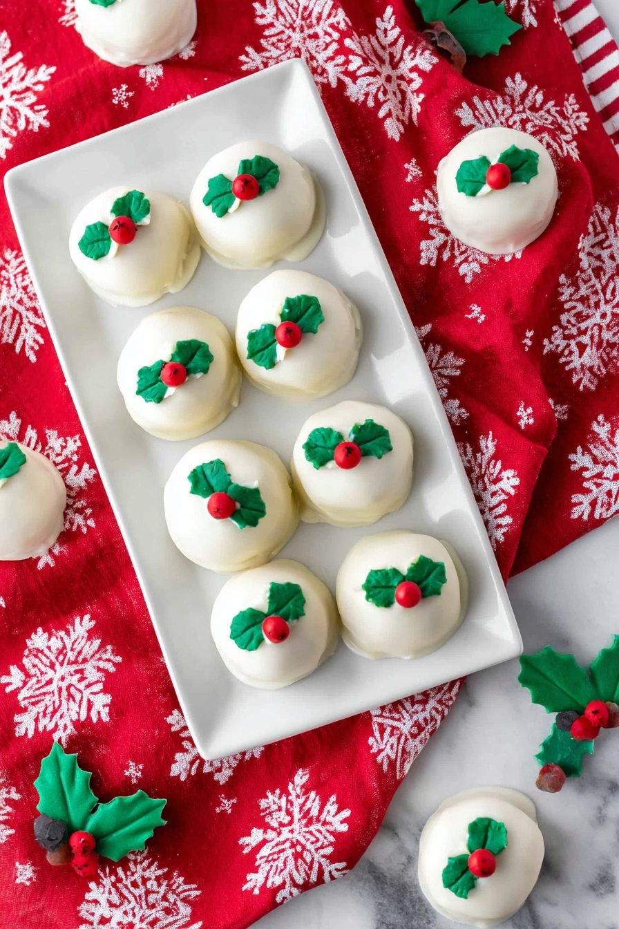 Two round white balls covered in smooth white coating sit on a red cloth with white snowflake patterns. Each ball is decorated on top with two small dark green holly leaf shapes and one small bright red round dot in the middle, resembling holly berries. The balls have a slightly shiny texture showing soft curves and some natural folds. Nearby on the cloth, there are extra green holly leaf shapes and some white and red round beads. To the right, a white plate is partially visible against a white marbled surface. photo taken with an iphone --ar 2:3 --v 7 - Snickerdoodle Cookie Dough Truffles, Cinnamon Cookie Dough Truffles, No-Bake Cookie Truffles, Cinnamon Dessert Bites, Easy Cookie Dough Truffles