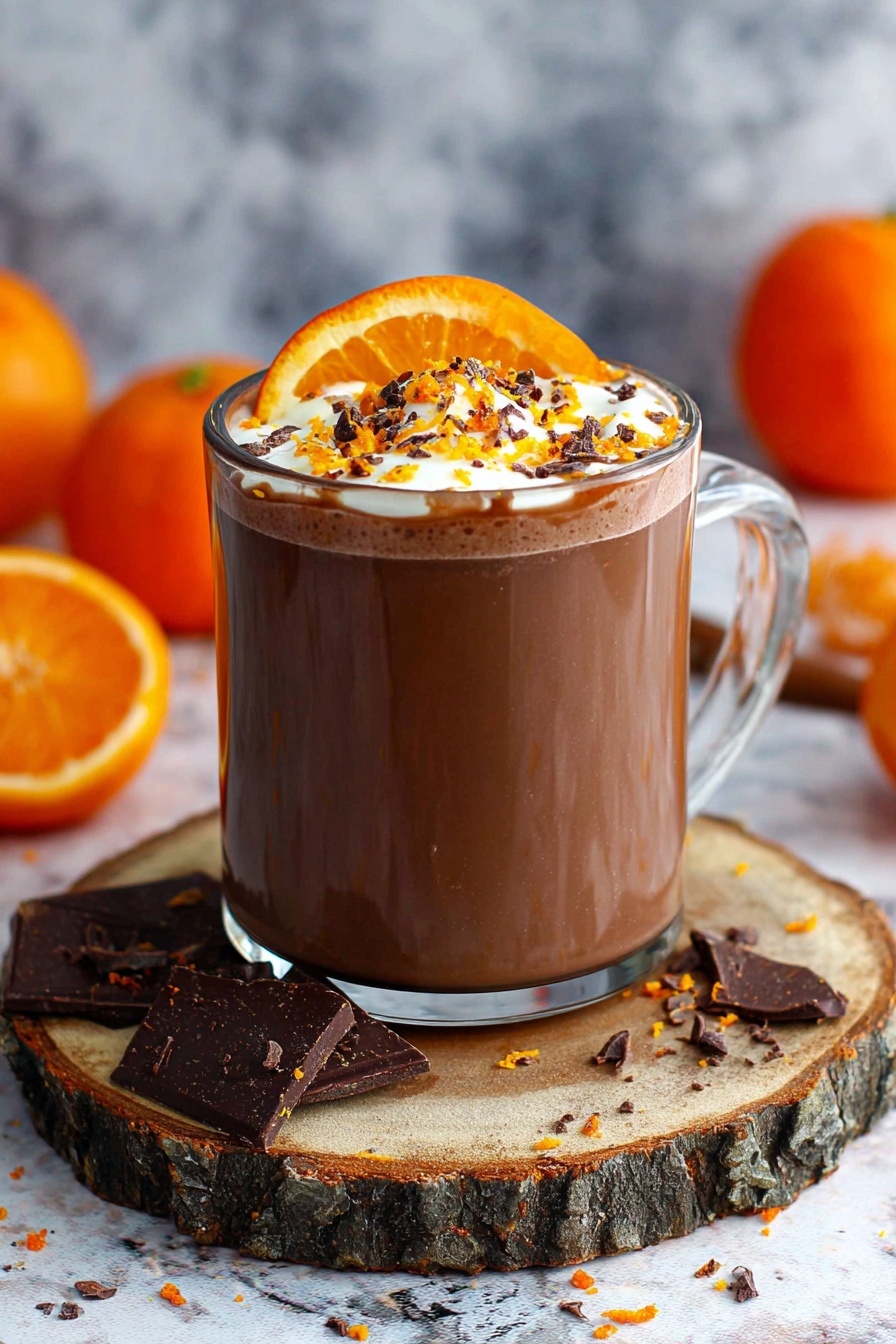 A clear glass mug filled with dark brown hot chocolate is seen from above. On top, a dollop of white whipped cream sits slightly off-center, partially melted into the drink. Two thin, round slices of bright orange citrus fruit float on one side, with their translucent segments visible. The drink’s surface is sprinkled with dark chocolate shavings and small bits of orange zest, adding texture and contrast. The mug is placed on a rustic wooden circle, which rests on a white marbled surface. In the background, blurred orange slices add a pop of color. Photo taken with an iphone --ar 2:3 --v 7 - Orange Hot Chocolate, citrus hot chocolate, orange chocolate drink, cozy winter beverages, easy hot chocolate recipes