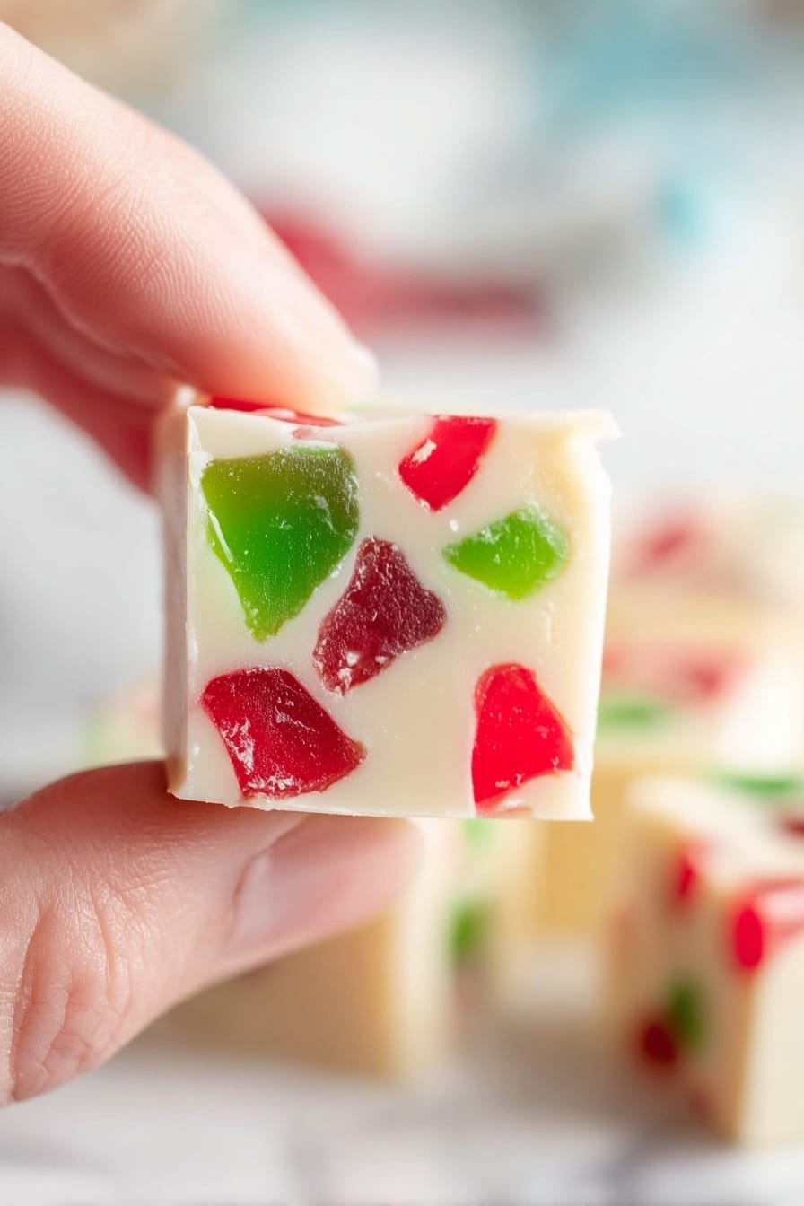 A close-up image of a small square piece of white fudge held between woman's thumb and forefinger. The fudge has a smooth cream-colored base with colorful embedded chunks of red and green jelly-like candy pieces scattered inside. The background is softly blurred with more pieces of the same fudge visible on a white marbled surface. The lighting is bright and natural, highlighting the glossy texture of the candy bits and the soft texture of the fudge. photo taken with an iphone --ar 2:3 --v 7 - Gumdrop White Chocolate Fudge, colorful fudge recipes, easy holiday fudge, no-bake festive treats, white chocolate candy fudge