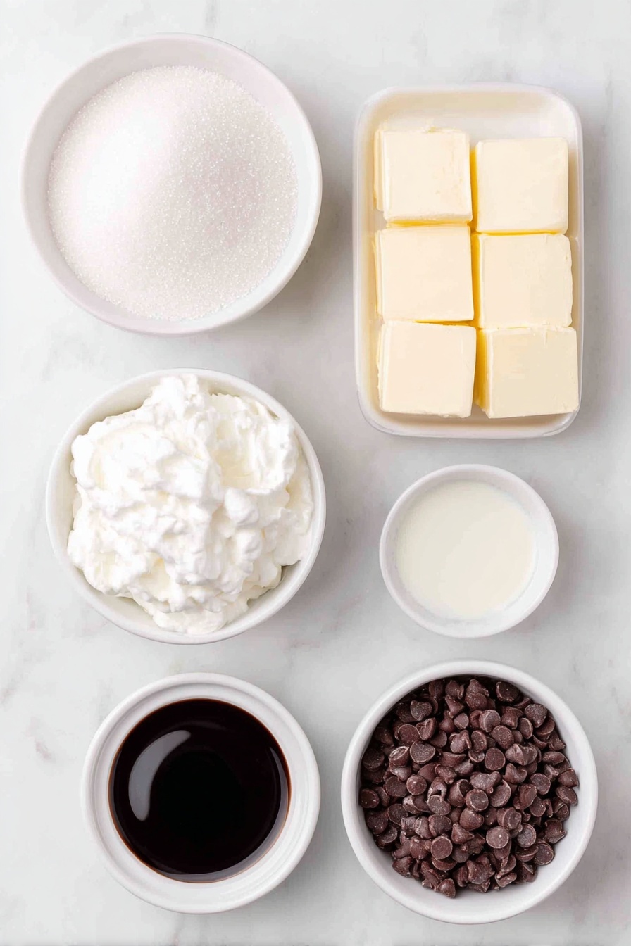 Flat lay of a simple white ceramic bowl filled with granulated sugar, a small white bowl holding fluffy marshmallow fluff, a small white bowl of evaporated milk, a few cubes of fresh butter stacked neatly, a small white bowl containing coarse salt, a simple white ceramic dish with semi-sweet chocolate chips, another small white bowl with clear vanilla extract, and a small white bowl of glossy black gel food coloring, all ingredients fresh and natural, arranged in perfect symmetry and balanced proportions, placed on a clean white marble surface, soft natural light, photo taken with an iPhone, professional food photography style, fresh ingredients, white ceramic bowls, no bottles, no duplicates, no utensils, no packaging --ar 2:3 --v 7 --p m7354615311229779997 - Black Coal Fudge, black coal fudge recipe, easy black fudge, rich chocolate fudge, striking black fudge