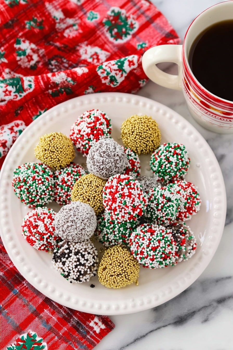 A white plate is filled with about twenty small round treats covered in colorful sprinkles. The sprinkles are in different mixes: some are red, green, and white cylindrical sprinkles; others are gold, white, and black tiny round sprinkles; some have only white round sprinkles; and a few have red and green star-shaped sprinkles mixed with white and red sprinkles. The plate sits on a red and white checkered cloth with festive patterns, placed on a white marbled surface. Part of a red and white mug filled with black coffee is visible to the right side of the plate. Photo taken with an iphone --ar 2:3 --v 7 - Chocolate Brownie Truffles, no-bake chocolate treats, decadent chocolate desserts, easy brownie truffles, fudgy chocolate confections