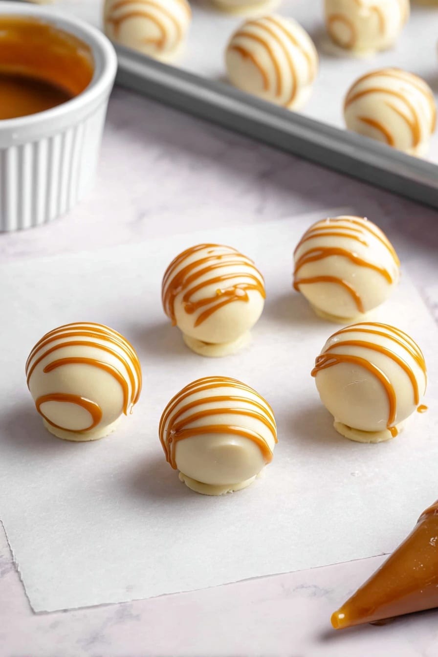 The image shows round white chocolate balls placed on a white parchment paper laid on a white marbled surface. Each ball is drizzled with smooth caramel in thin stripes across the top. In the background, a white ramekin with caramel sauce is partly visible on the left, and a gray baking tray with more white chocolate balls without caramel drizzle sits behind the parchment paper. A caramel-filled piping bag lies near the bottom right corner. The overall setting is clean and light with the focus on the creamy texture of the white chocolate and the shiny caramel drizzle photo taken with an iphone --ar 2:3 --v 7 - Biscoff Cookie Butter Truffles, easy Biscoff truffles, no-bake cookie butter candies, Biscoff dessert recipes, caramel-spiced truffles