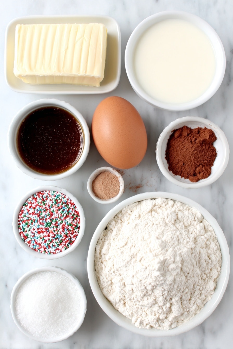 Flat lay of a small slab of pale yellow butter, a compact mound of rich brown sugar, one large whole egg with a smooth shell, a small white bowl filled with creamy milk, a small white bowl holding dark amber molasses, a neat pile of all-purpose flour, a small white bowl containing reddish-brown cinnamon powder, a small white bowl with fine ginger powder, a small white bowl of fine white salt, and a small white bowl brimming with colorful Christmas sprinkles arranged in perfect symmetry on a clean white marble surface, soft natural light, photo taken with an iPhone, professional food photography style, fresh ingredients, white ceramic bowls, no bottles, no duplicates, no utensils, no packaging --ar 2:3 --v 7 --p m7354615311229779997 - Soft Gingerbread Cookies with Christmas Sprinkles, festive gingerbread cookies, holiday gingerbread treats, soft gingerbread cookies recipe, Christmas cookie ideas