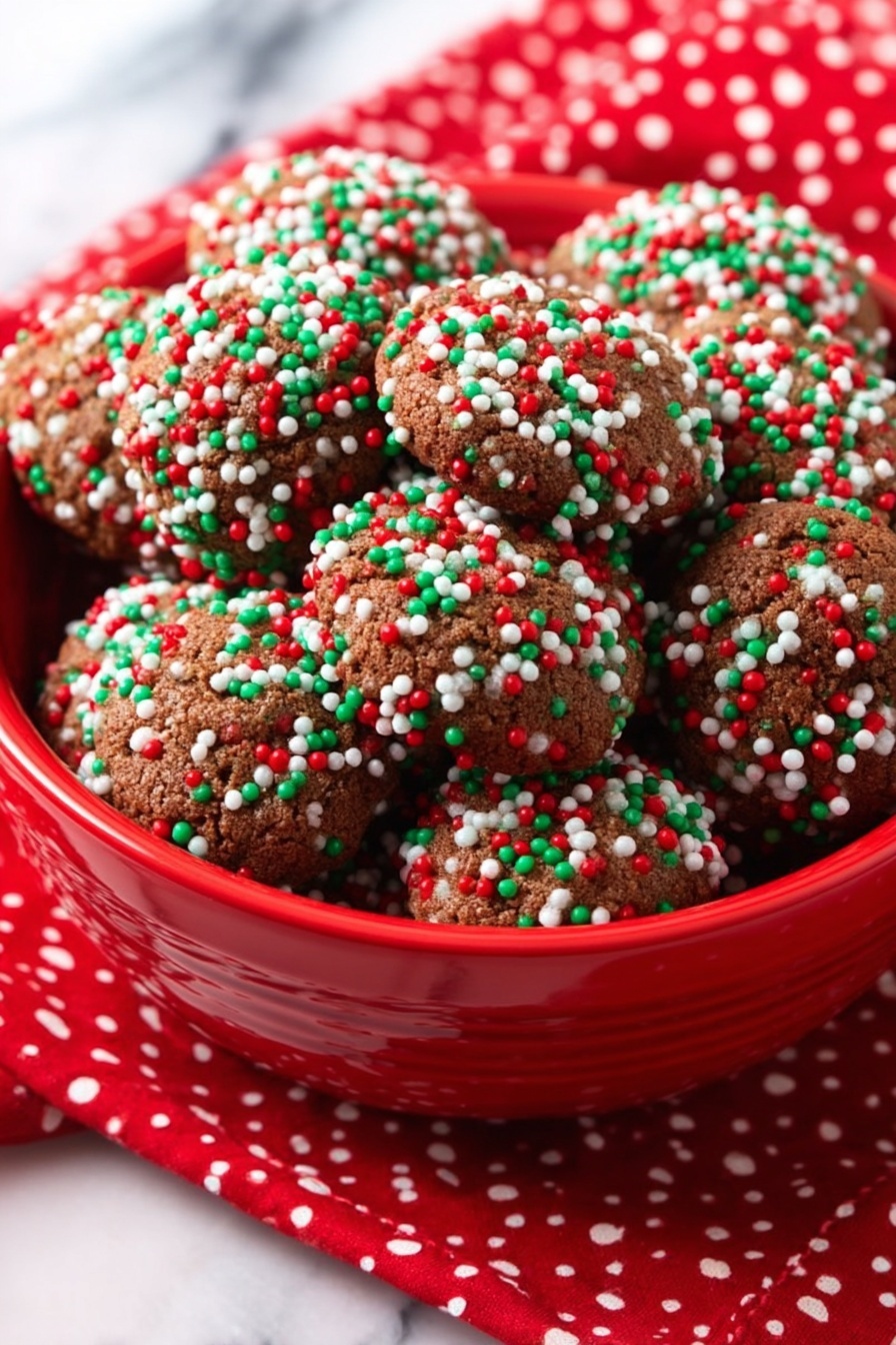 A red bowl filled with many round brown cookies all covered with colorful sprinkles in red, white, and green on their top and sides. The bowl sits on a white marbled surface, and a red cloth with white polka dots is under the bowl. The cookies have a rough texture with uneven shapes, stacked closely together inside the bowl. Photo taken with an iphone --ar 2:3 --v 7 - Soft Gingerbread Cookies with Christmas Sprinkles, festive gingerbread cookies, holiday gingerbread treats, soft gingerbread cookies recipe, Christmas cookie ideas