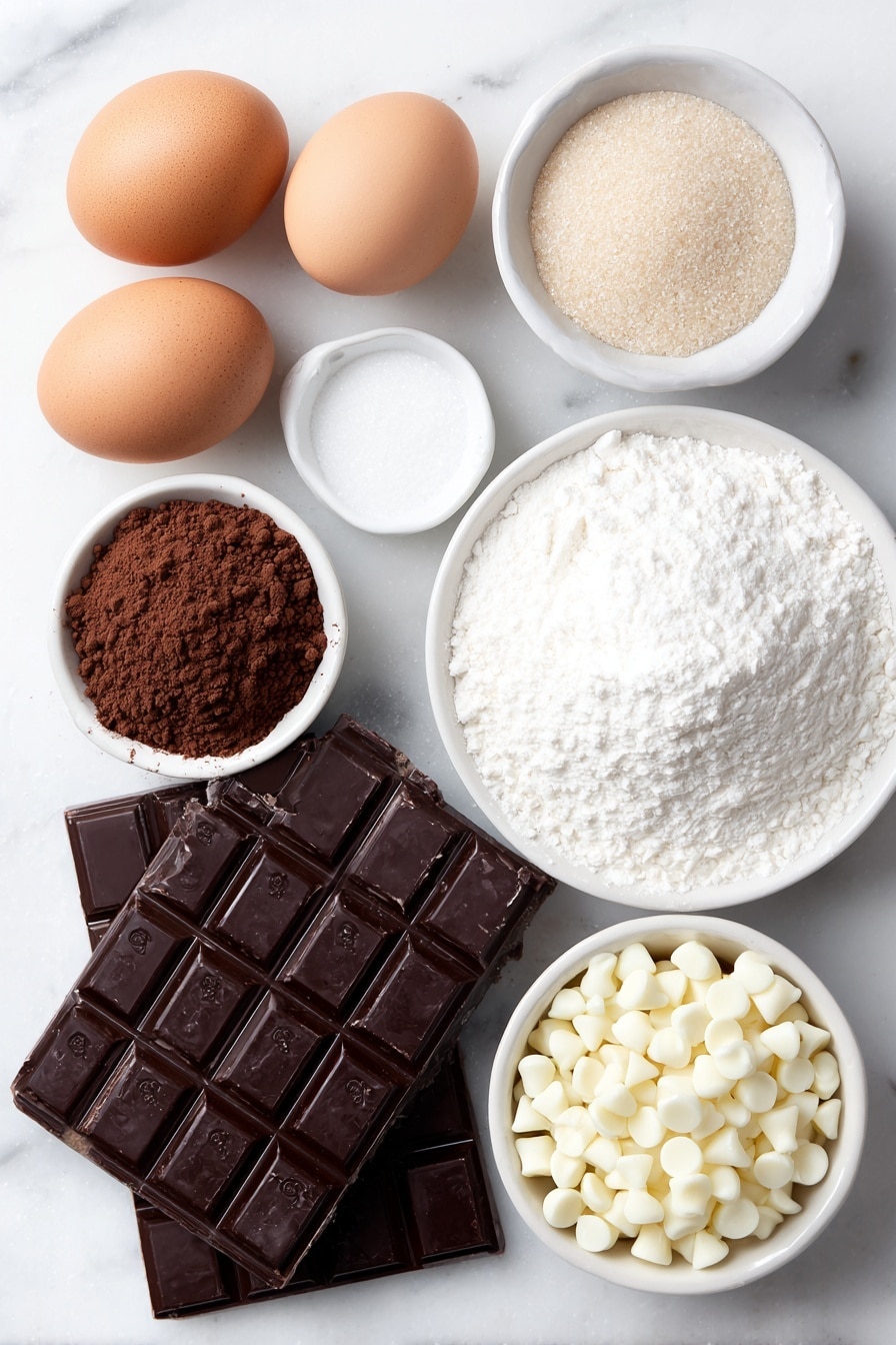 Flat lay of broken squares of glossy bittersweet chocolate, a small mound of all-purpose flour, a small pile of rich Dutch-processed cocoa powder, a tiny heap of fine baking powder, a pinch of coarse salt, a half cup of softened butter, small white ceramic bowls with light brown sugar and granulated sugar, three whole uncracked brown eggs, a small white bowl of clear vanilla extract, a small white bowl of clear peppermint extract, chopped Andes mints in a neat heap, and a small mound of white chocolate chips all arranged in perfect symmetry on a simple white ceramic surface, placed on a clean white marble surface, soft natural light, photo taken with an iPhone, professional food photography style, fresh ingredients, white ceramic bowls, no bottles, no duplicates, no utensils, no packaging --ar 2:3 --v 7 --p m7354615311229779997 - Mint Chocolate Brownie Cookies, chocolate mint cookies, fudgy brownie cookies, peppermint chocolate cookies, chewy mint cookies