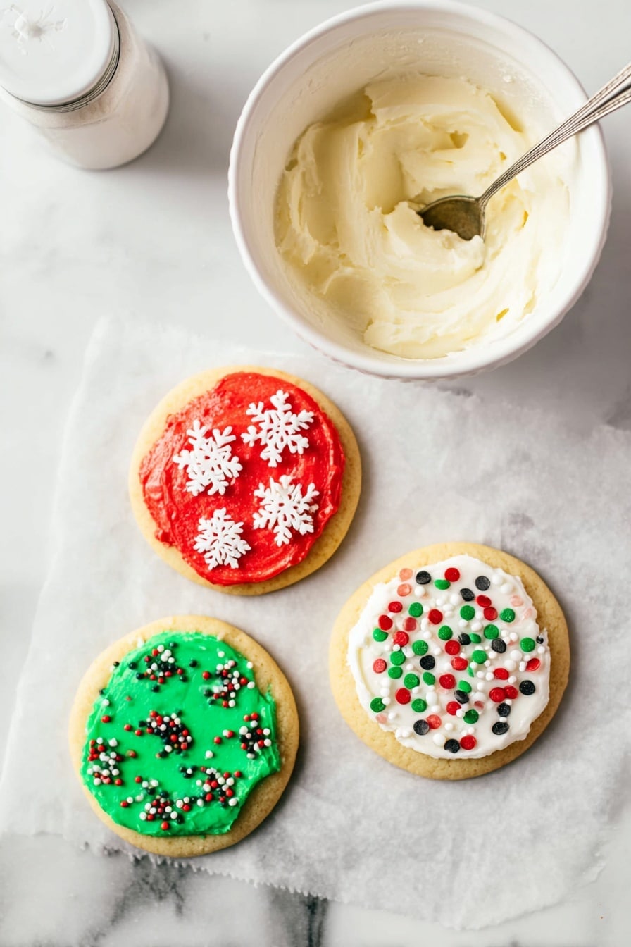 Three round sugar cookies lie on a white marbled surface, each topped with a thick layer of smooth frosting. One cookie has bright red frosting with white snowflake-shaped sprinkles, another is covered with green frosting and multicolored round sprinkles mostly in red, white, and black, and the third features white frosting scattered with red, green, and white circular sprinkles. Above the cookies, there is a white bowl filled with creamy off-white frosting and a silver spoon inside. To the left, a white shaker container with a partially visible lid is also on the white marbled surface. photo taken with an iphone --ar 2:3 --v 7 - Frosted Christmas Cookies, Christmas Cookies Recipe, holiday cookies with frosting, soft buttery Christmas cookies, festive decorated cookies