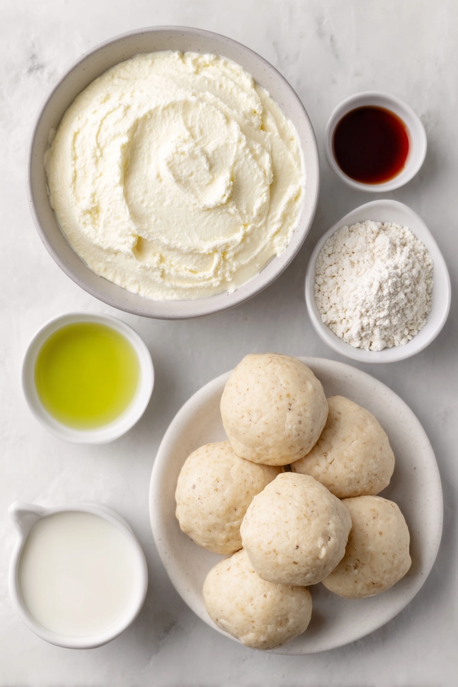 Flat lay of a few pale beige sugar cookie dough balls resting on a simple white ceramic plate, a medium white ceramic bowl filled with smooth, creamy white instant cheesecake pudding mix, a small white bowl containing cold 2% milk, a tiny white bowl holding vibrant red liquid food coloring, another tiny white bowl with bright green liquid food coloring, all arranged symmetrically and balanced on a clean white marble surface, soft natural light, photo taken with an iPhone, professional food photography style, fresh ingredients, white ceramic bowls, no bottles, no duplicates, no utensils, no packaging --ar 2:3 --v 7 --p m7354615311229779997 - Sugar Cookie Pudding Cups with Swirl Filling, festive dessert recipes, easy holiday desserts, colorful pudding dessert, no-bake cookie cups