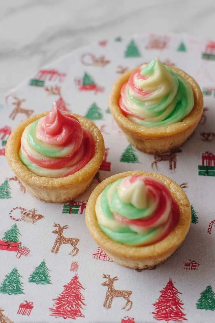 The image shows a baking tray filled with small tart shells, each with a golden-brown crust forming the bottom and edges. Inside each shell, there is a smooth filling made of two swirled colors: light green and soft pink, creating a marbled effect that covers the whole inside surface of the tart shells. The tray itself is metal and gray, with the tarts evenly placed in each circular mold. The background is adjusted to appear as a white marbled surface. photo taken with an iphone --ar 2:3 --v 7 - Sugar Cookie Pudding Cups with Swirl Filling, festive dessert recipes, easy holiday desserts, colorful pudding dessert, no-bake cookie cups