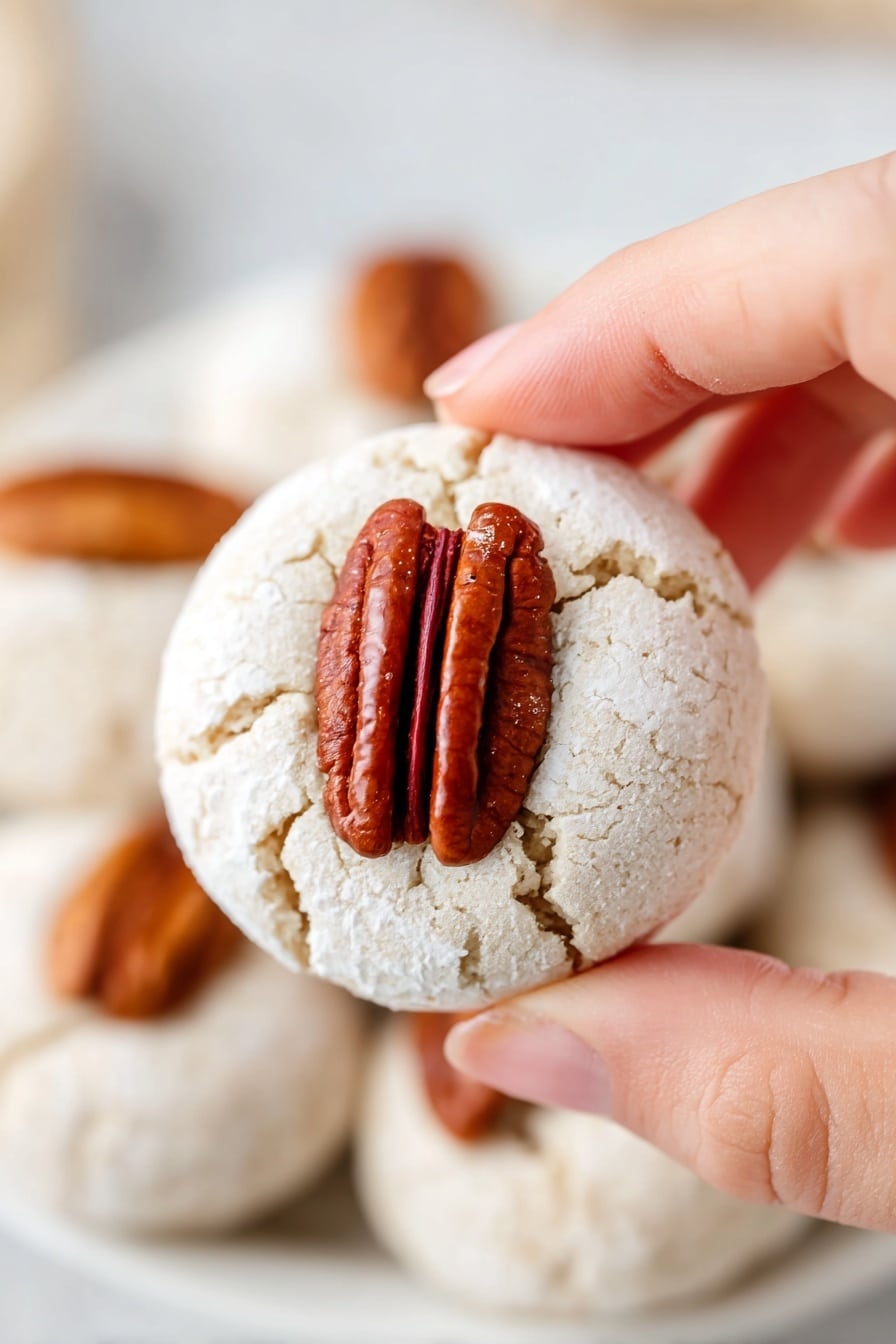 The image shows a close-up of several small, round white cookies stacked on a white plate. Each cookie has a rough, cracked texture and is topped with a whole brown pecan placed neatly in the center. The cookies are slightly off-white with small darker specks inside, suggesting bits of pecan within the dough. The white plate sits on a white marbled surface, creating a clean and bright background. photo taken with an iphone --ar 2:3 --v 7 - Divinity Pecan Cookies, pecan cookie recipe, chewy pecan cookies, holiday cookie recipes, homemade pecan treats