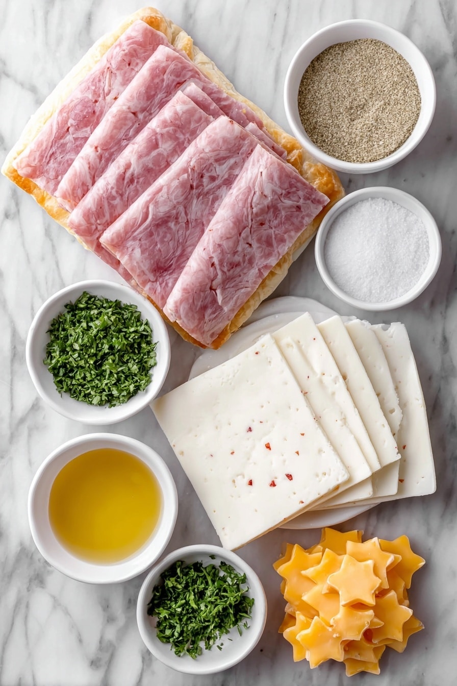 Flat lay of two sheets of golden puff pastry, six thinly sliced pink ham slices arranged neatly, six slices of creamy white pepper jack cheese with red flecks, a small white bowl of melted golden butter, a small white bowl of fresh chopped bright green parsley, a small white bowl of fine beige onion powder, a small white bowl of coarse white garlic salt, and a few small star-shaped pieces of bright orange cheddar cheese on a simple white ceramic plate, placed on a clean white marble surface, soft natural light, photo taken with an iPhone, professional food photography style, fresh ingredients, white ceramic bowls, no bottles, no duplicates, no utensils, no packaging --ar 2:3 --v 7 --p m7354615311229779997 - Christmas Puff Pastry Trees, Christmas Puff Pastry Appetizers, Holiday Puff Pastry Recipes, Easy Christmas Party Snacks, Festive Puff Pastry Bites